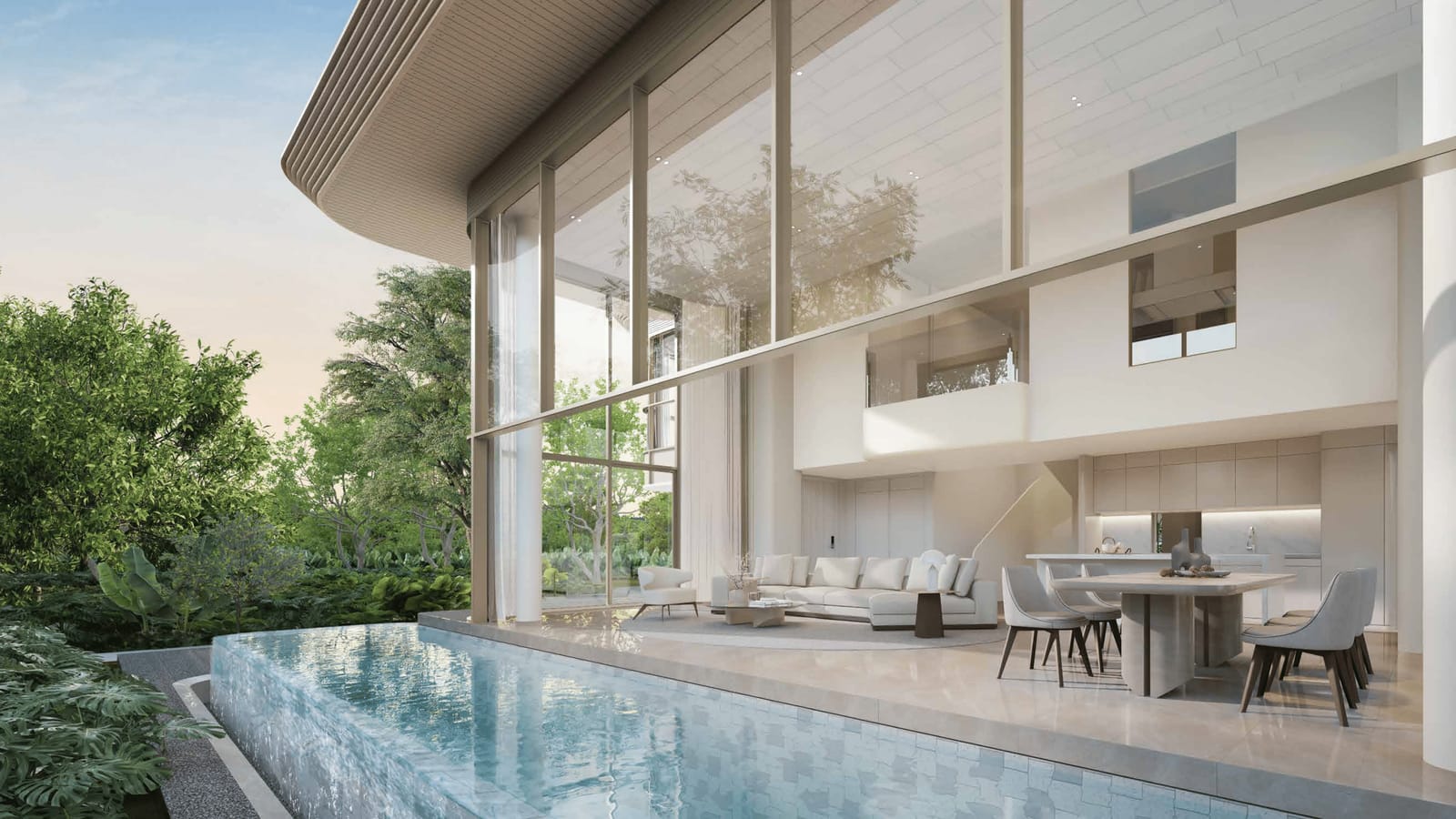Computer-generated render of the Nanda 2+ living room opening onto its pool at Tri Vananda, Phuket