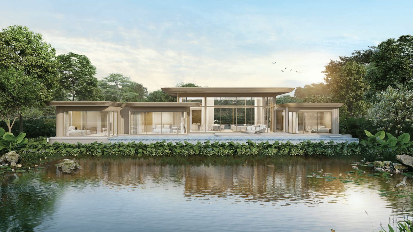 Computer-generated render of the Nanda 3 villa at Tri Vananda, Phuket: a one-storey modern villa in curved glass on the edge of a lake