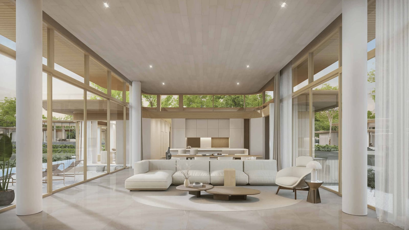 Computer-generated render of the Nanda 3 living room at Tri Vananda, Phuket, glass walls onto the garden