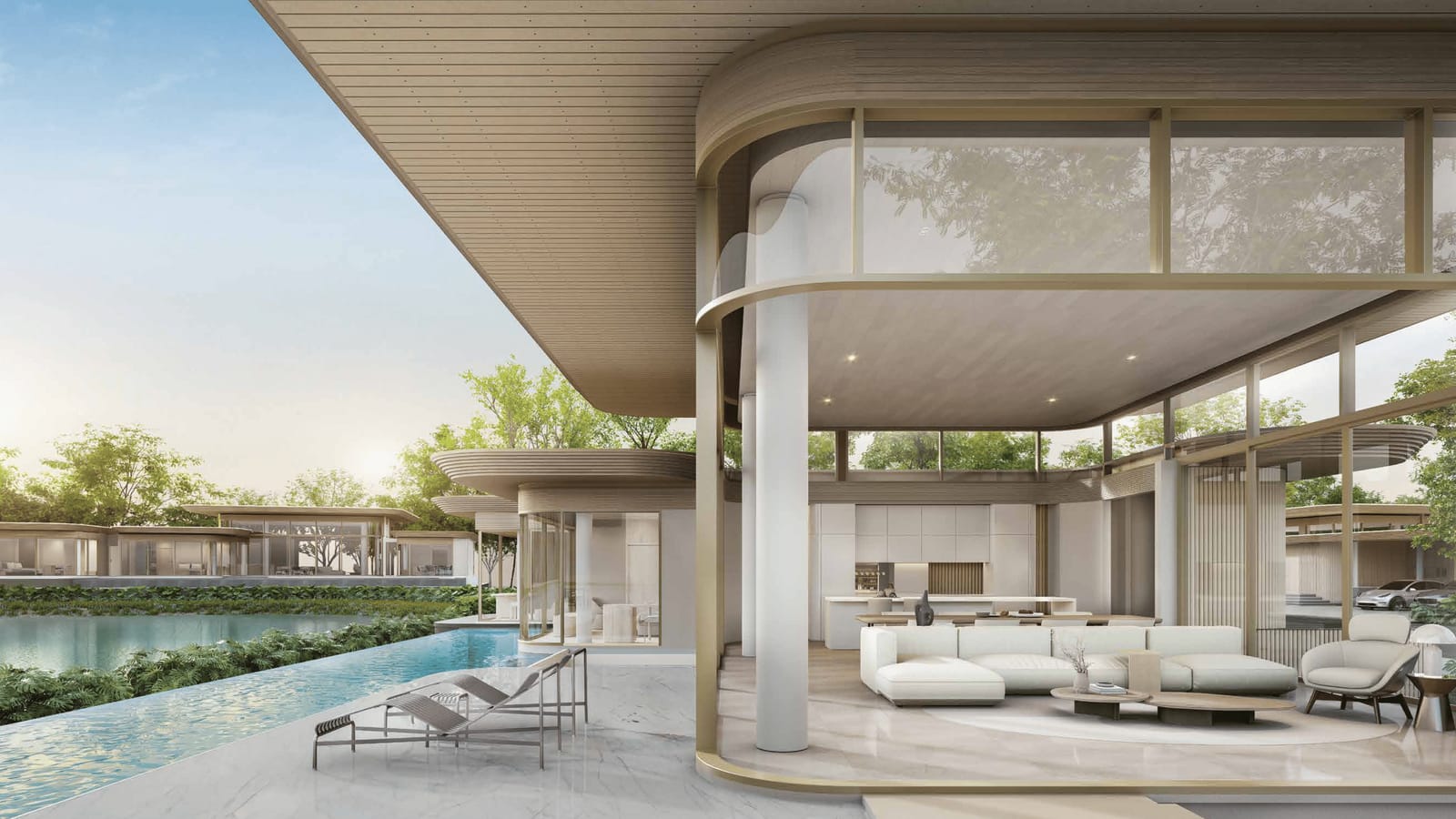 Computer-generated render of the Nanda 3 villa's 21-metre pool at Tri Vananda, Phuket, under a curved roof