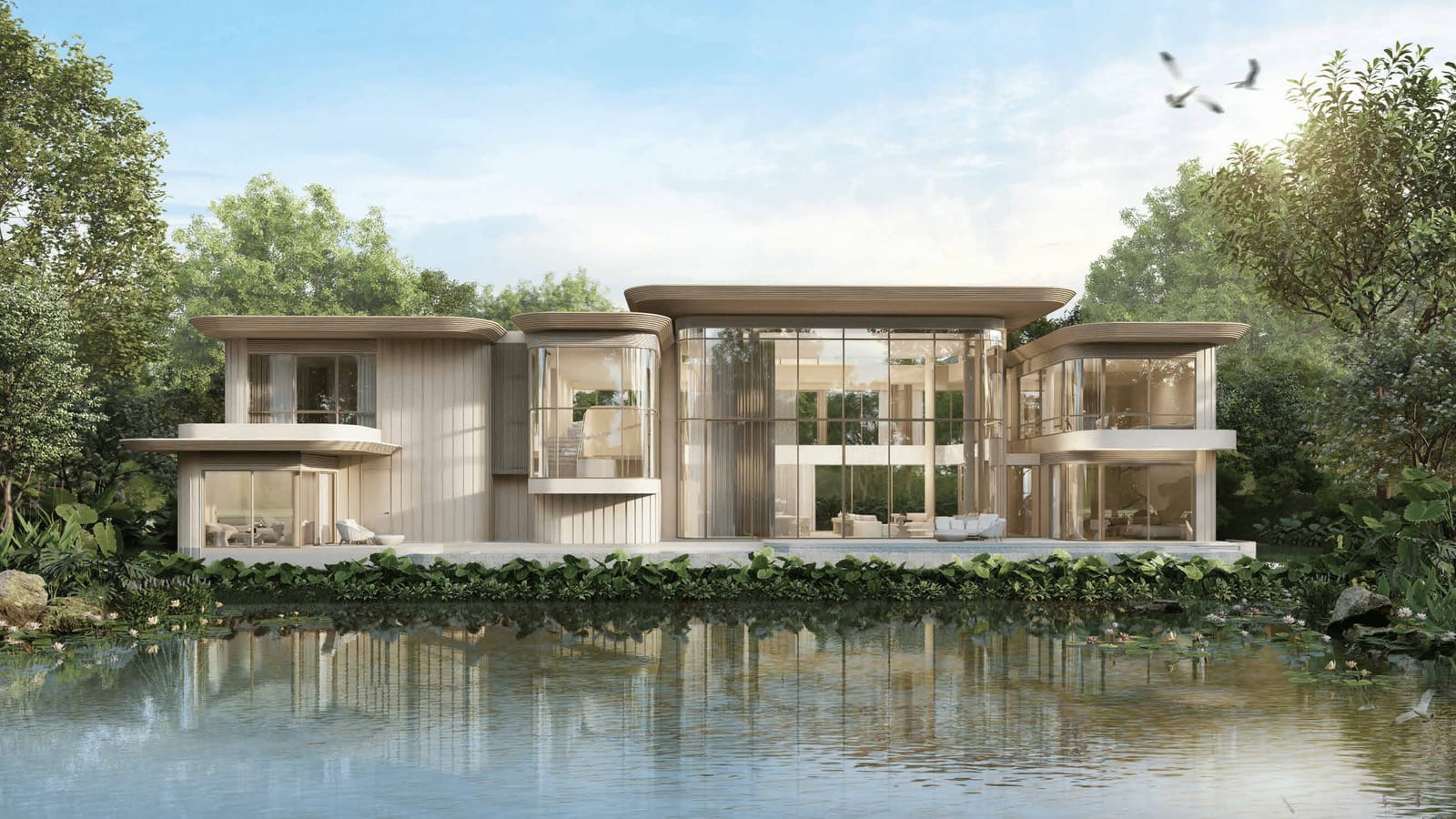 Computer-generated render of the Nanda 4+ villa at Tri Vananda, Phuket: a two-storey modern villa on the lake