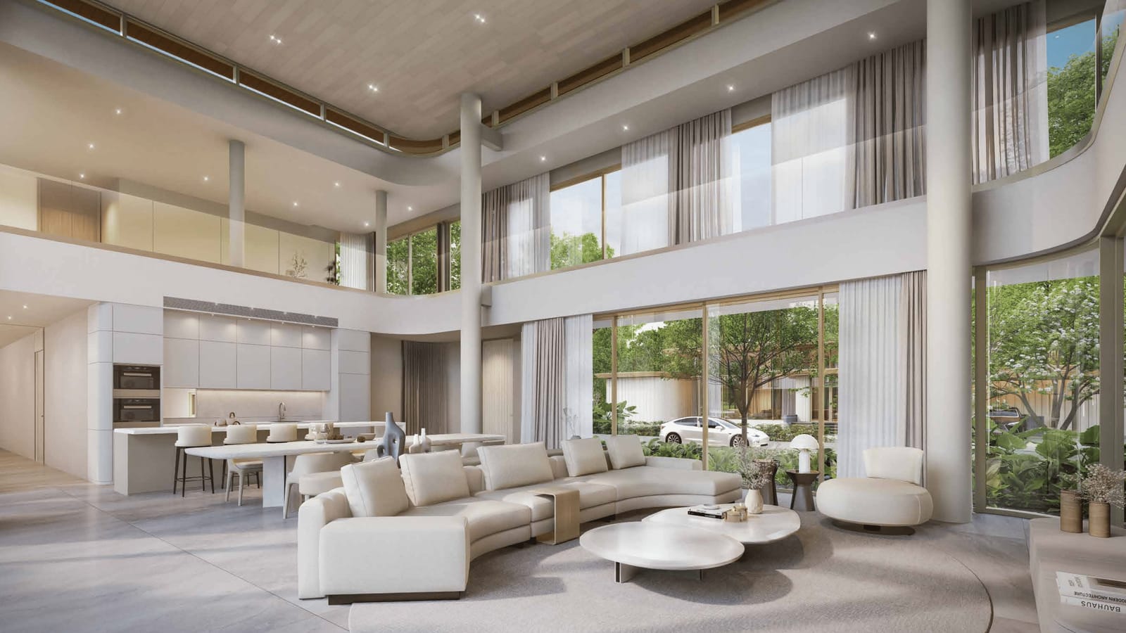 Computer-generated render of the 7.1-metre living room of the Nanda 4+ villa at Tri Vananda, Phuket