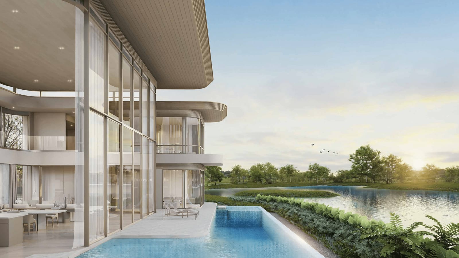 Computer-generated render of the Nanda 4+ pool at Tri Vananda, Phuket, running towards the lake