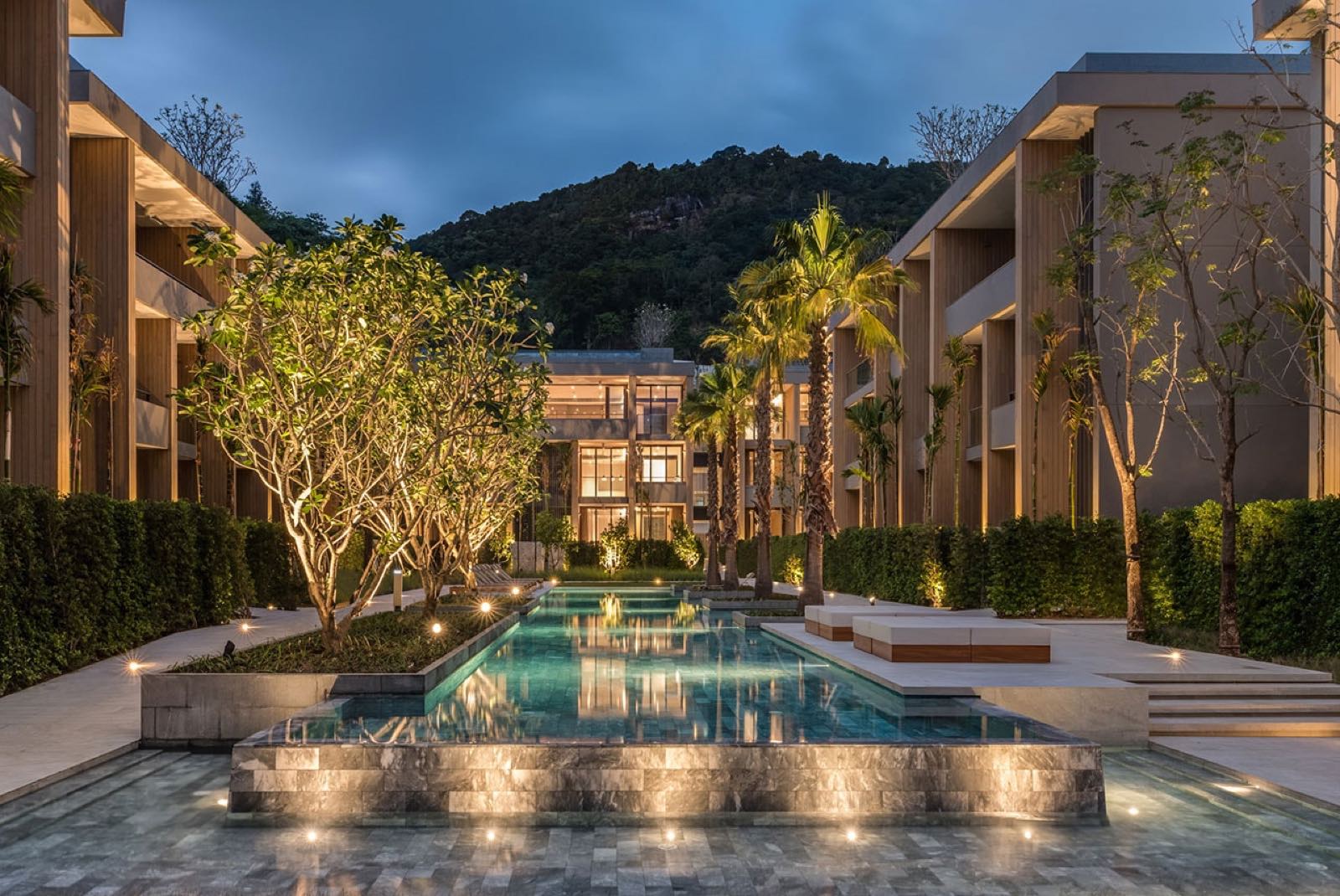 Twinpalms Residences MontAzure on the Kamala beachfront, Phuket, the completed 2019 building seen from the estate