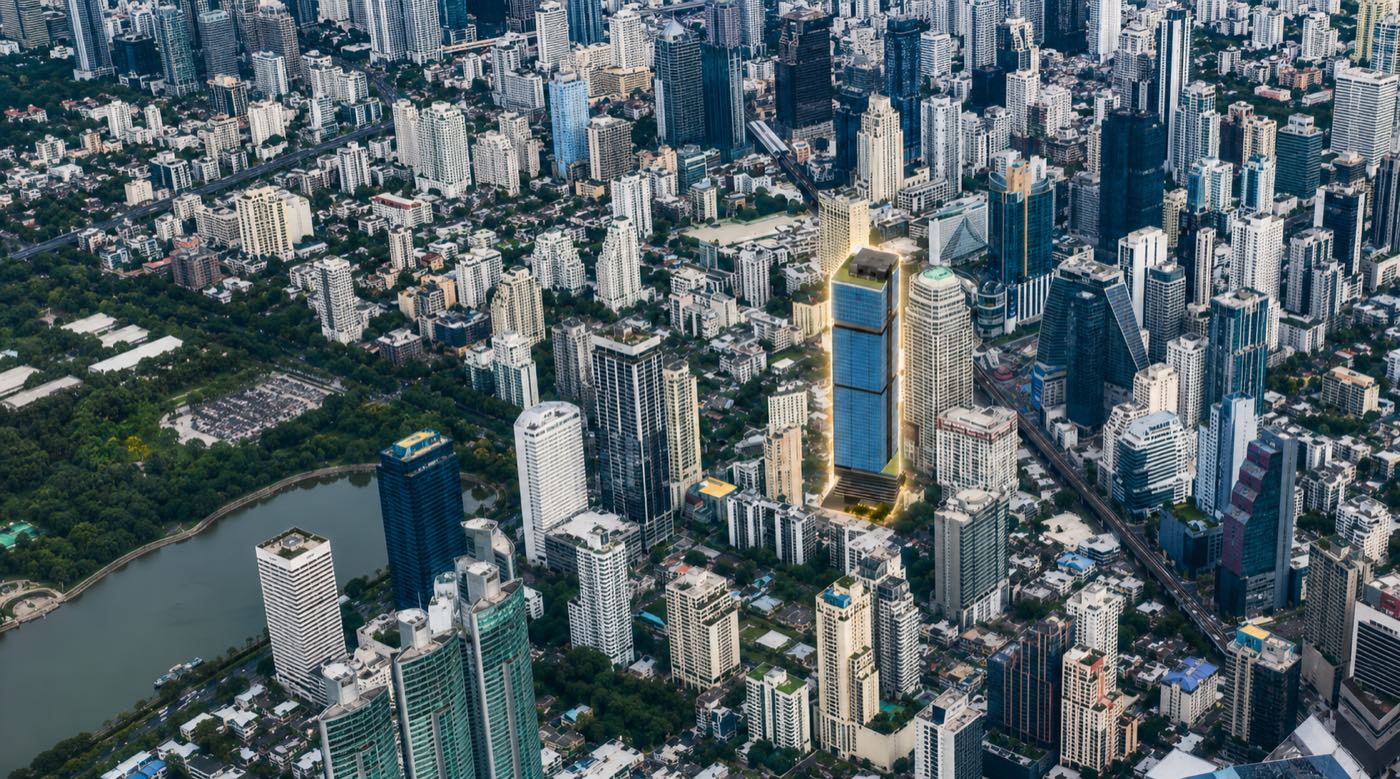 Benjakitti Park 之上 Asok 天際線的航拍插圖,標示曼谷 Sukhumvit 16、Exchange Tower 旁傳聞中的 16th Avenue by AP 地塊
