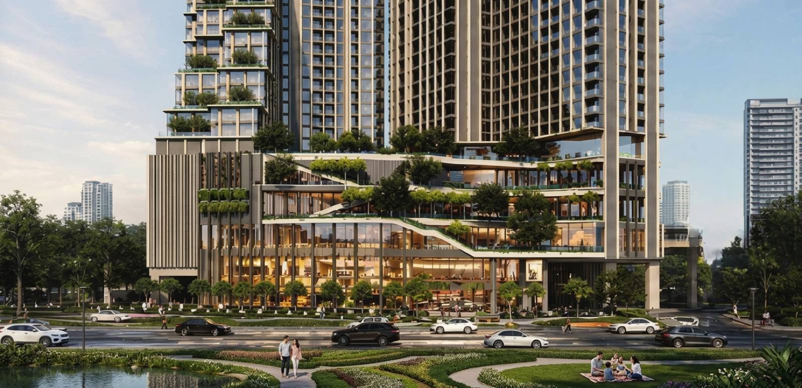Street-level render of the retail podium at A Asset's Thonglor mixed-use development, showing stepped planted terraces above glazed shopfronts facing Sukhumvit Road, Bangkok