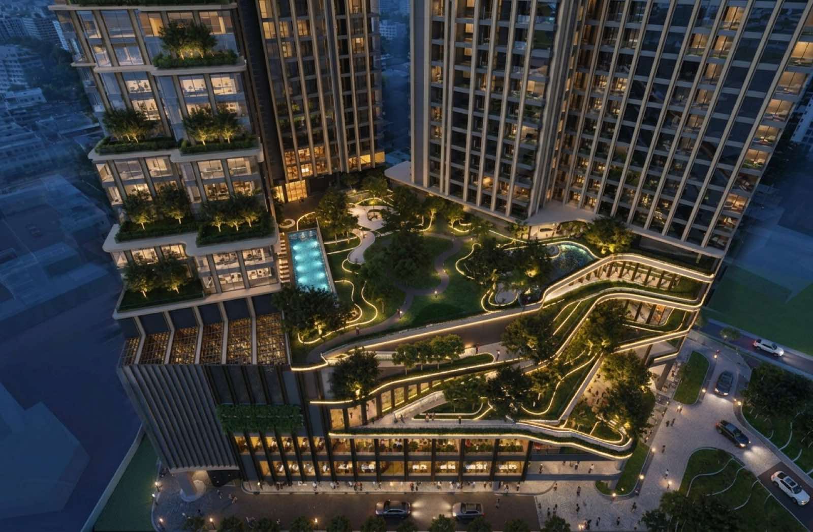 Aerial render of the roof park at A Asset's Thonglor mixed-use development, showing planted terraces, walking paths and a swimming pool between the two towers on Sukhumvit Road, Bangkok