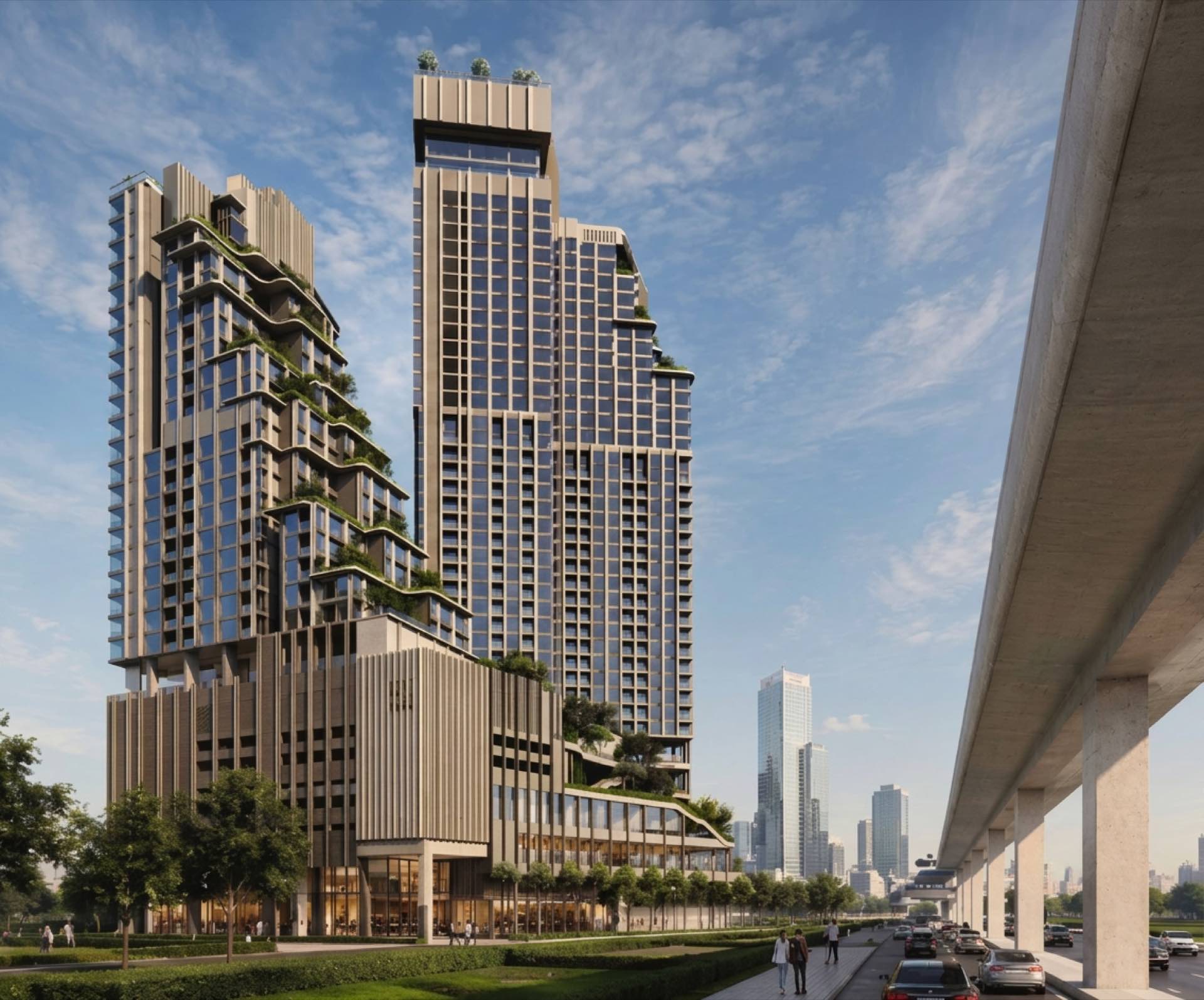 A Asset 於 Thonglor 綜合發展項目的官方電腦效果圖:兩座退台式大樓立於平台之上,露台植有綠化,緊鄰曼谷 Sukhumvit Road 的 BTS Sukhumvit 線