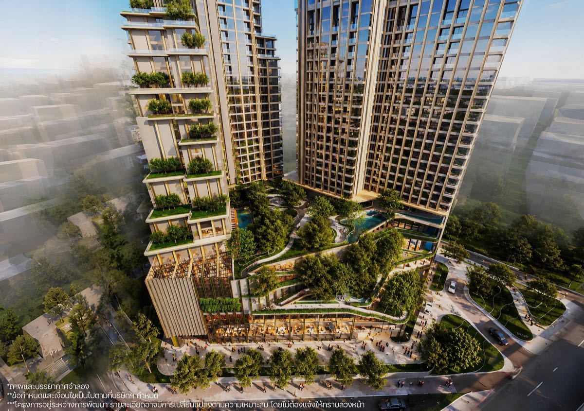 Aerial render of SKV53, A Asset's mixed-use development at BTS Thonglor on Sukhumvit Road, Bangkok: the 39-storey and 28-storey towers rising from a terraced podium garden with pools and planting