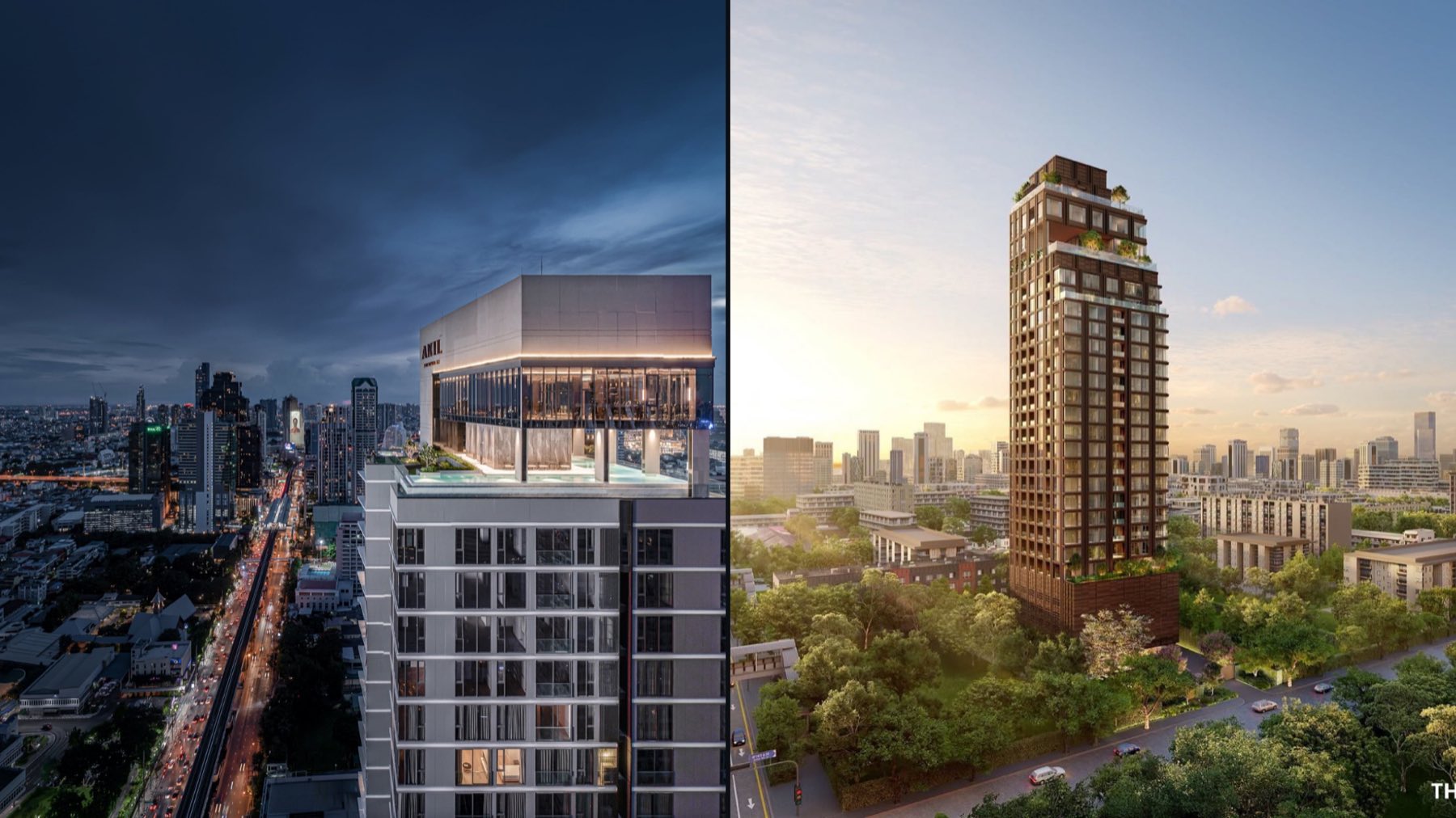 ANIL Sathorn 12 at dusk, photographed, beside a render of The Monument Sathon at BTS Saint Louis: the finished tower and the one arriving in 2030