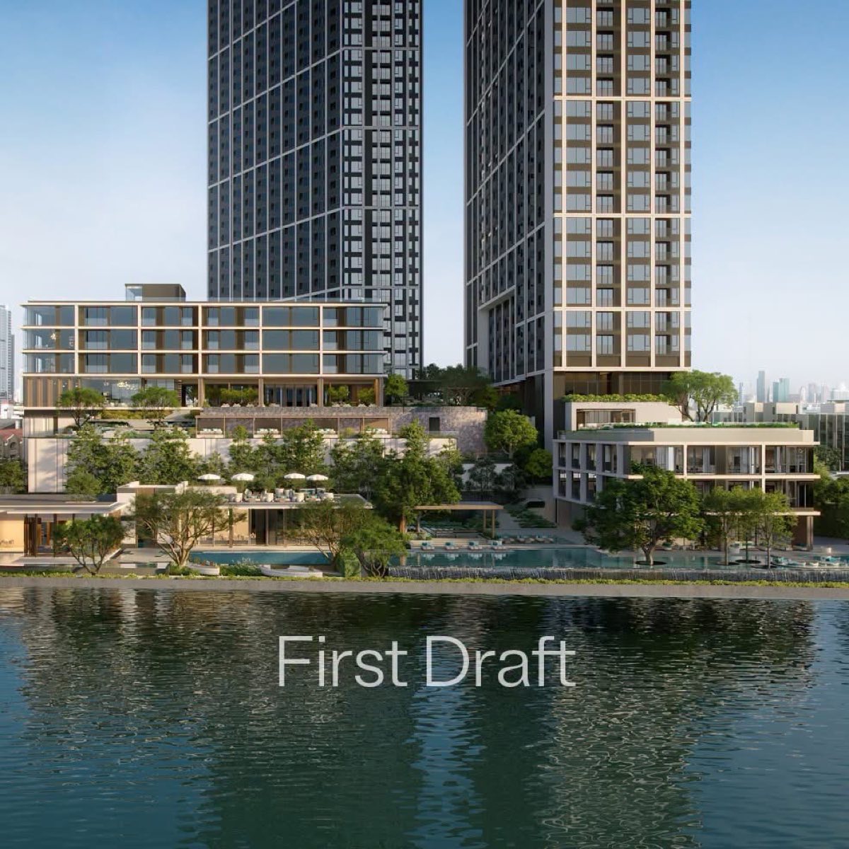 Reference BAIE River Bangpho 河畔花園與泳池平台的初步效果圖,位於 Chao Phraya 河畔大樓之下