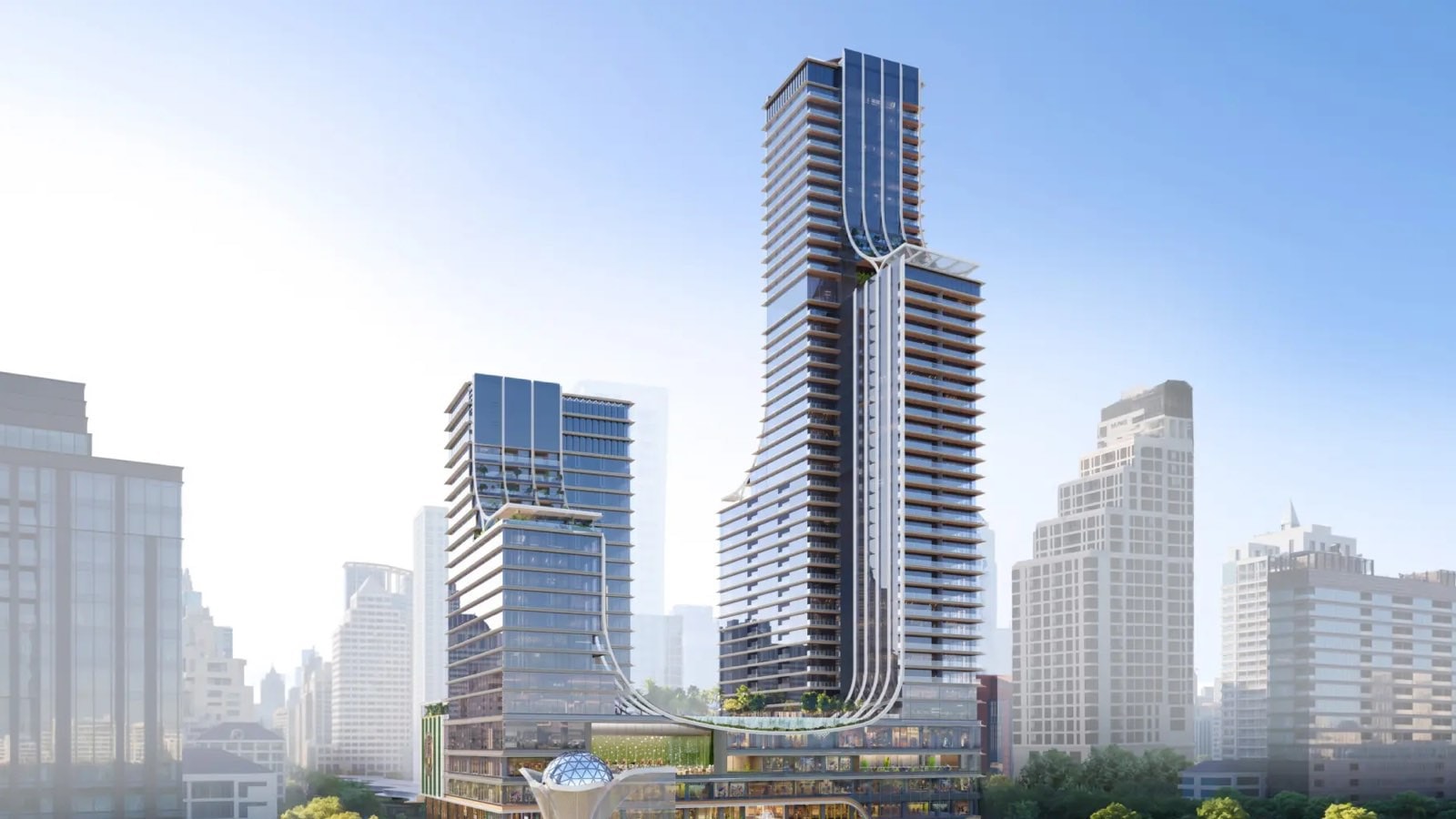 WellEra 的 Capella Residences Bangkok:大樓在 Lumphini Park 之上升起的電腦效果圖,樓頂映襯天空,四周是曼谷天際線