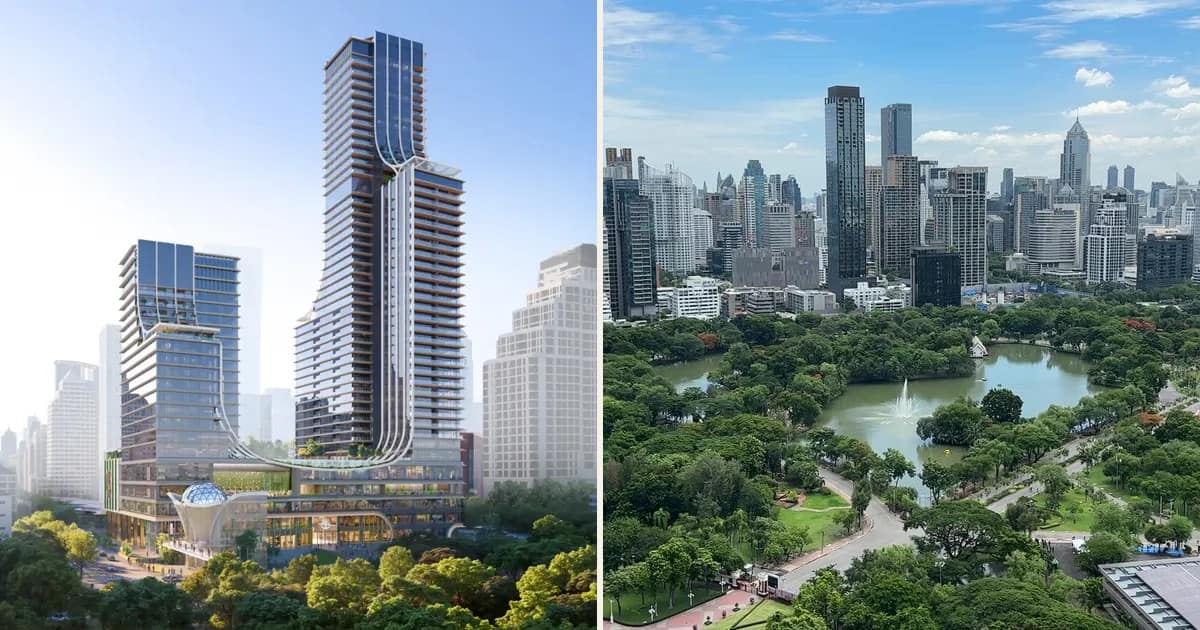 Capella Residences Bangkok 與 Lumphini Park:WellEra 兩座大樓的電腦效果圖,旁邊是公園湖泊與噴泉的相片;曼谷市中心