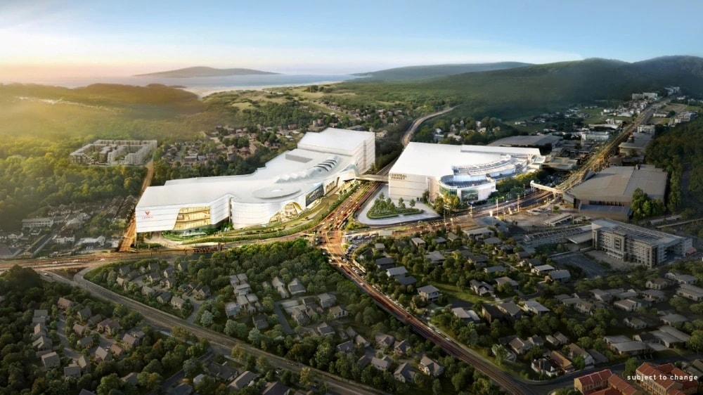 Central Pattana 的鳥瞰電腦效果圖:Phuket Wichit 擴建後的 Central Phuket,Floresta 與 Festival 兩座建築分處主幹道兩旁,後方是青翠山嶺與大海