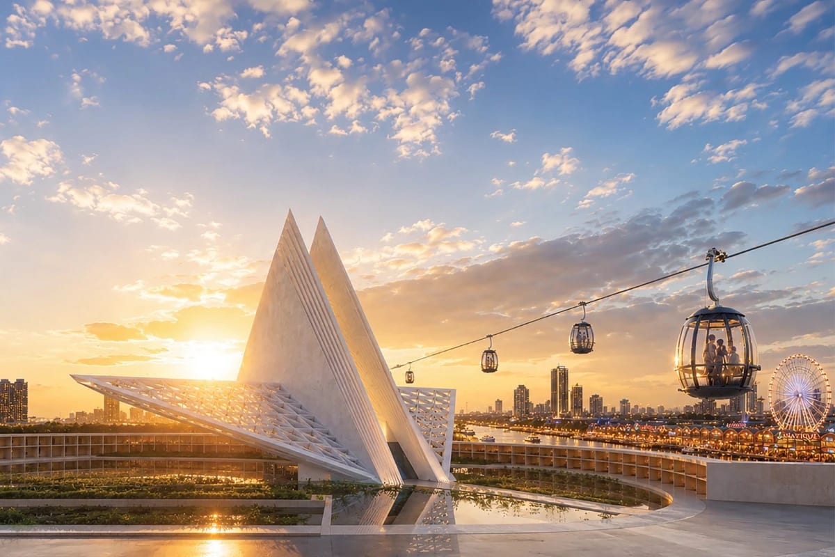 AWC's render of MONA Bangkok at sunset, the angular white museum on the Charoen Nakhon bank of the Chao Phraya, with cable car cabins crossing toward Asiatique The Riverfront and its ferris wheel