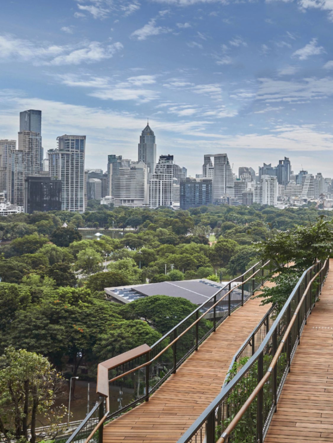 Dusit Central Park 的高架天台公園步道在樹冠之上蜿蜒,遠處是 Lumphini Park 與曼谷市中心天際線