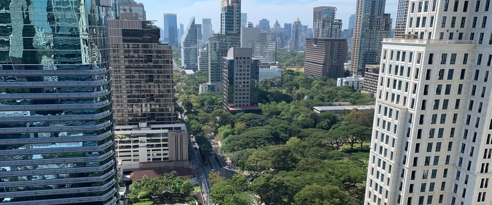 Wireless Road in Bangkok seen from the north in December 2021, a tree-lined avenue between towers, with the long flat-roofed chancery of the Netherlands embassy compound in the trees at centre right and the Lumphini skyline beyond