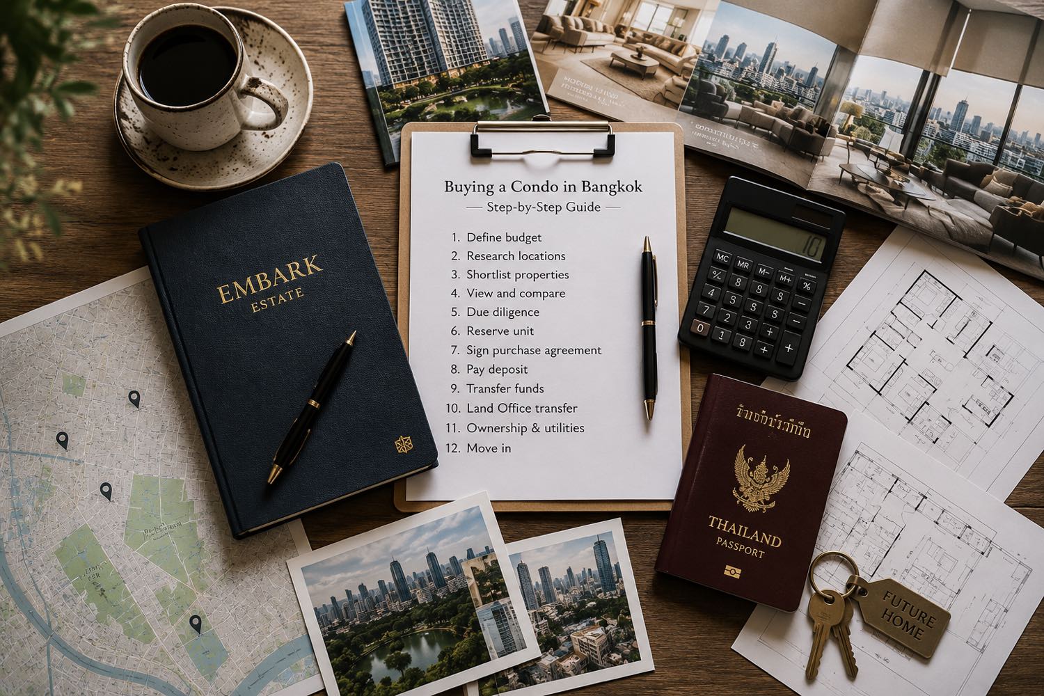 曼谷分層住宅置業的平攤俯拍:Embark Estate 筆記本、逐步置業清單、泰國護照、平面圖、城市地圖,以及掛上 Future Home 牌子的鑰匙