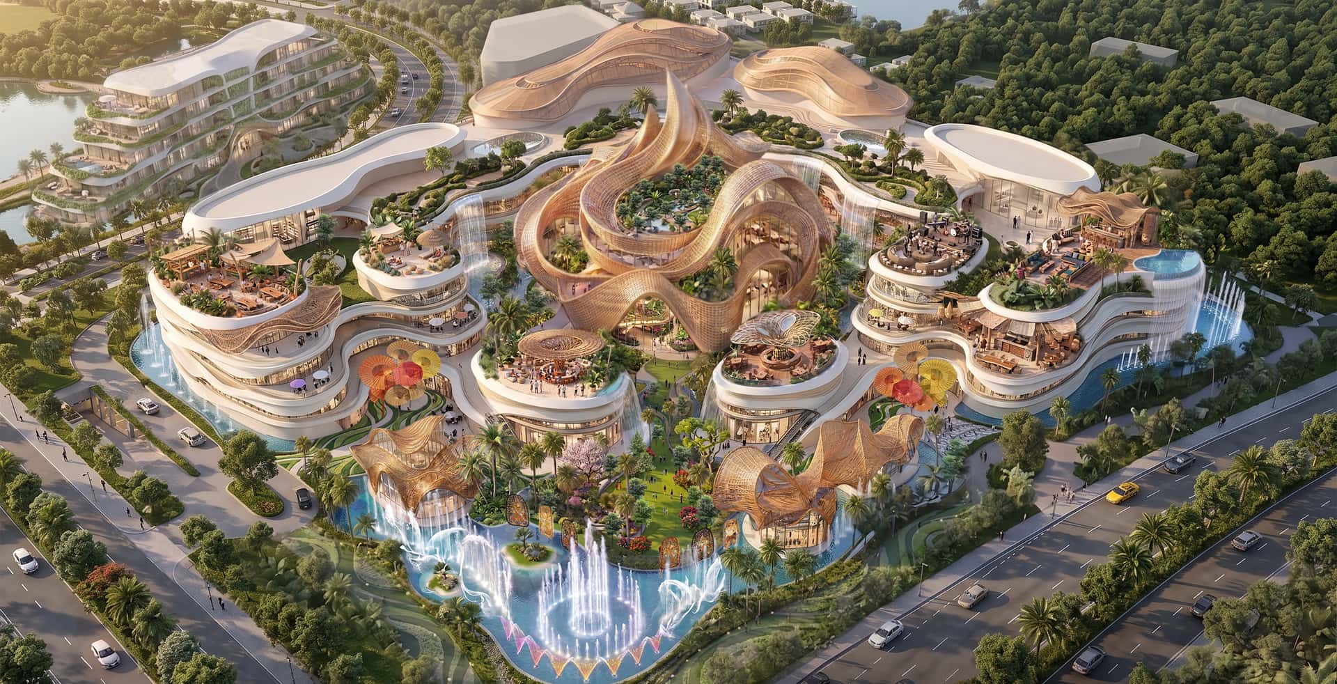 ICONPHUKET 鸟瞰效果图:Siam Piwat 规划在 Phuket Thalang 兴建的零售与景点目的地,弧形的白色阶梯式建筑配种满植物的屋顶平台,环绕编织木纹般的亭阁、花园庭院,以及主干道旁的喷泉潟湖