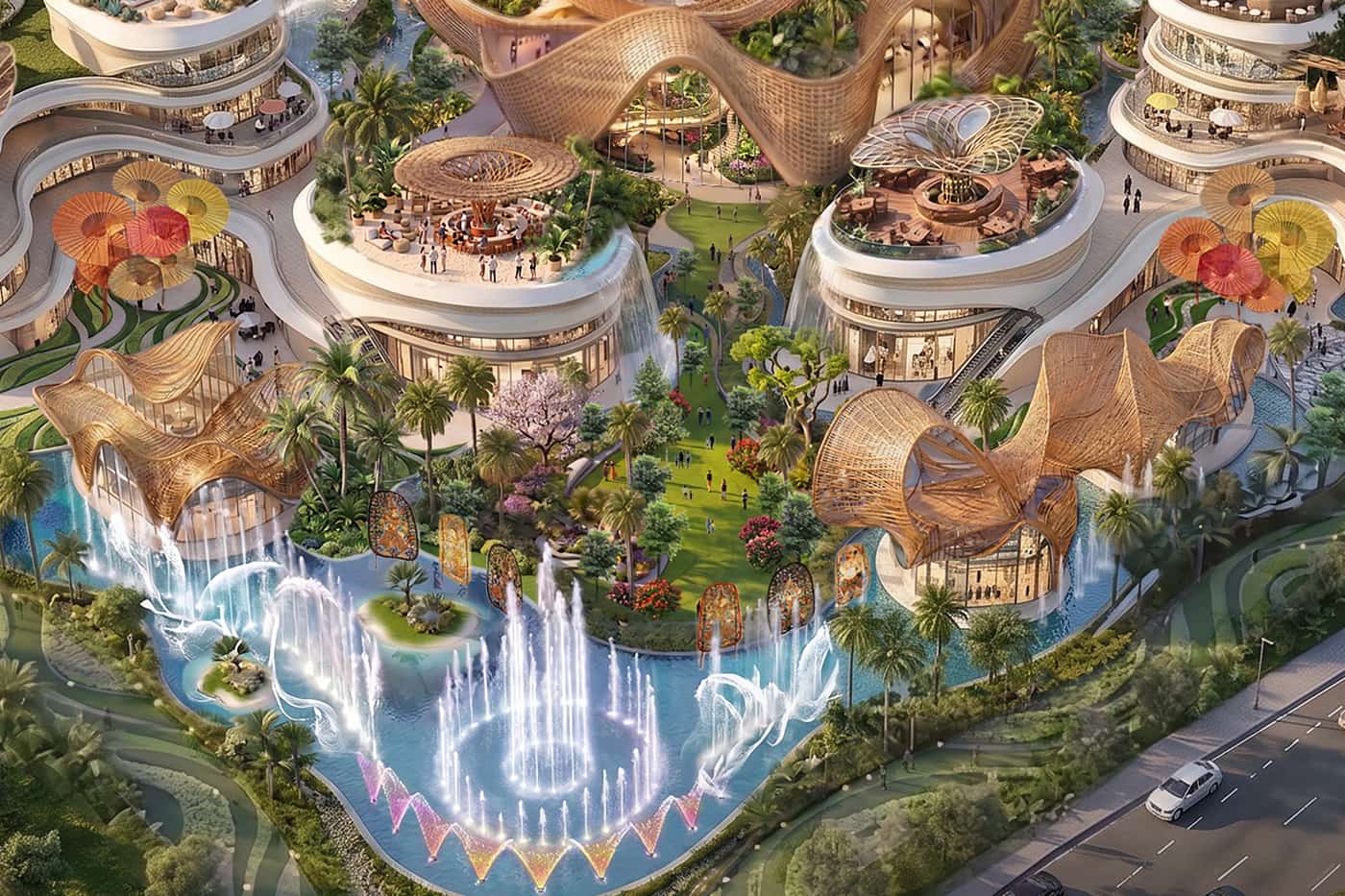 Computer-generated detail of the ICONPHUKET render: a garden court between woven, timber-like pavilions, a fountain lagoon at the front and planted roof terraces behind, at the planned destination in Thalang, Phuket