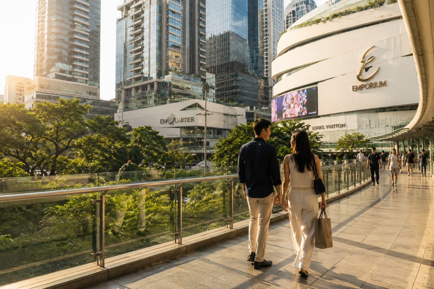曼谷 Phrom Phong 的 Em District 天橋,Emporium 與 EmQuartier 商場及 Sukhumvit 一帶大樓沐浴在金色暮光之中