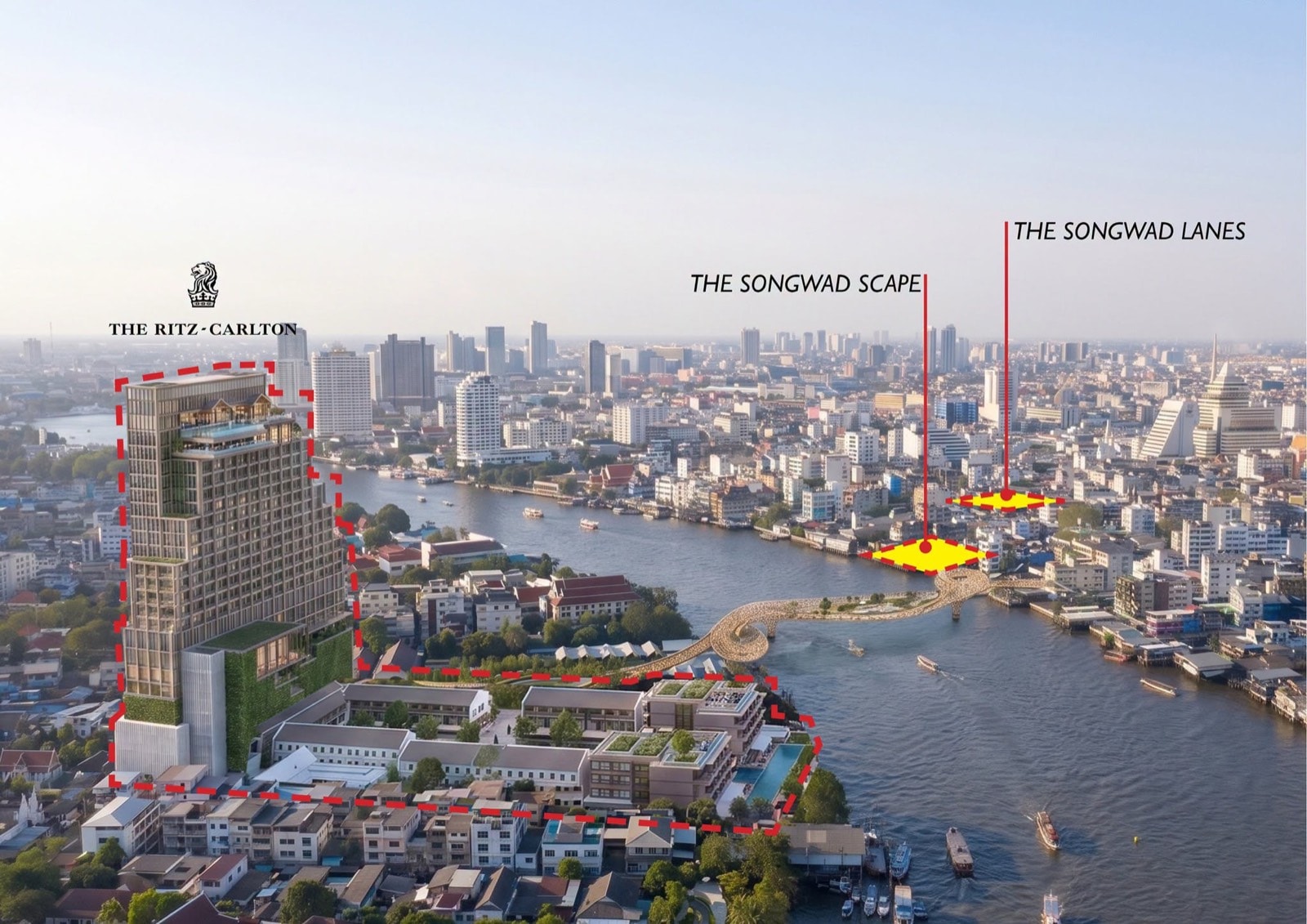 Aerial masterplan render of The Ritz-Carlton Bangkok, The Riverside: the Ritz-Carlton tower, low-rise riverside buildings and pools inside a red dashed boundary, with yellow markers for The Songwad Scape and The Songwad Lanes across the Chao Phraya