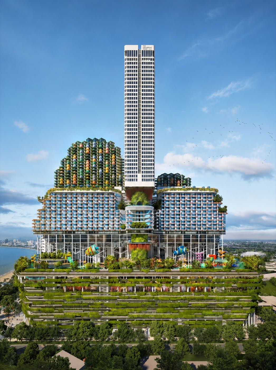Aquatique Pattaya 海濱發展項目的整體效果圖:層層疊起的花園平台與中央高樓,日後將承載 The Ritz-Carlton Residences Pattaya