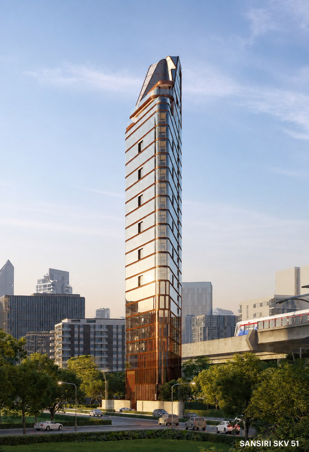 Sansiri 于曼谷 Thonglor Sukhumvit 51的纤长铜色鳍板大楼草拟建筑效果图,BTS Skytrain 自旁驶过
