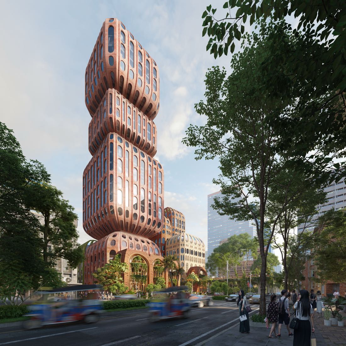 Heatherwick Studio's render of Six Senses Bangkok at Hatai on Silom Road, Bangkok: a tower of stacked, rounded terracotta-coloured volumes with arched windows above a planted street frontage