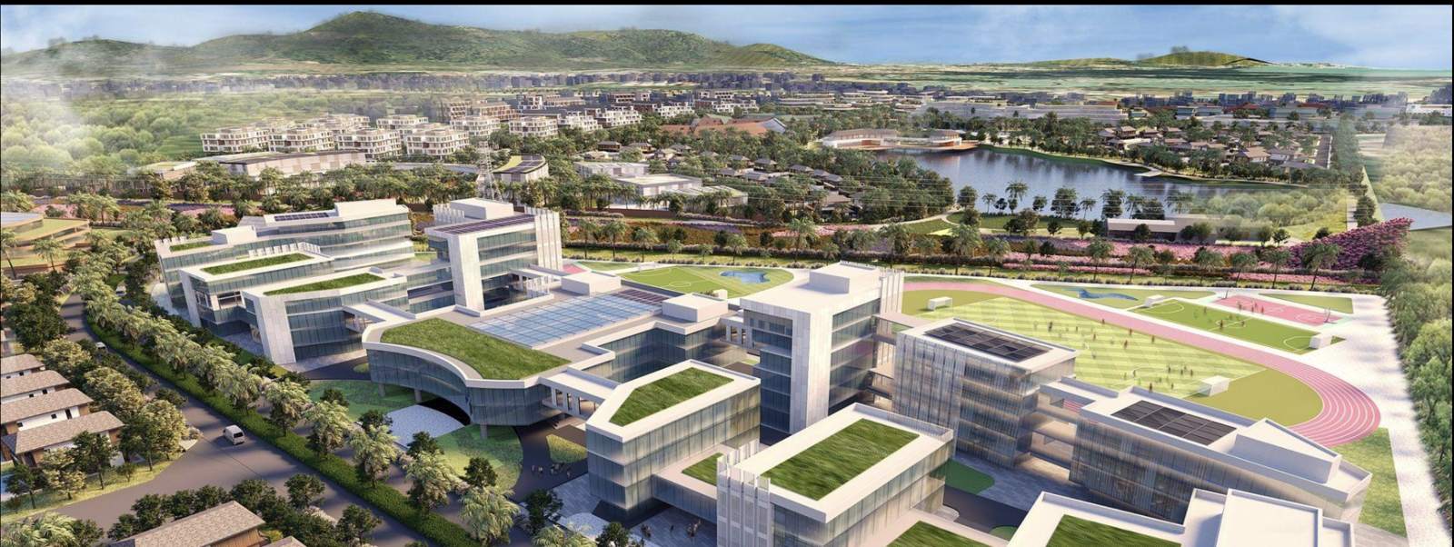 Synthesis Ark Phuket 鸟瞰效果图:位于 Thalang 区 Si Sunthon 491莱地块上,绿化屋顶的低层建筑围绕跑道与运动场,远处是滞洪湖与住宅