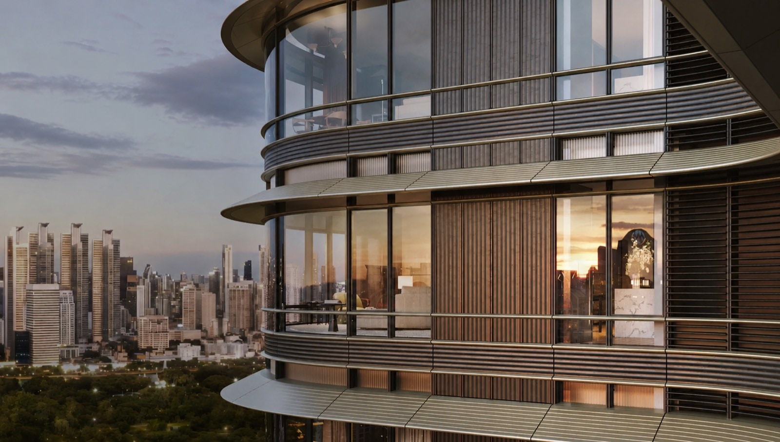 Wireless Roadに建つUpper House Residences、バンコク:Swire PropertiesとCity Realtyのブランドレジデンスの曲面ガラスのファサードとテラス、夕暮れのLumphini Parkを望む