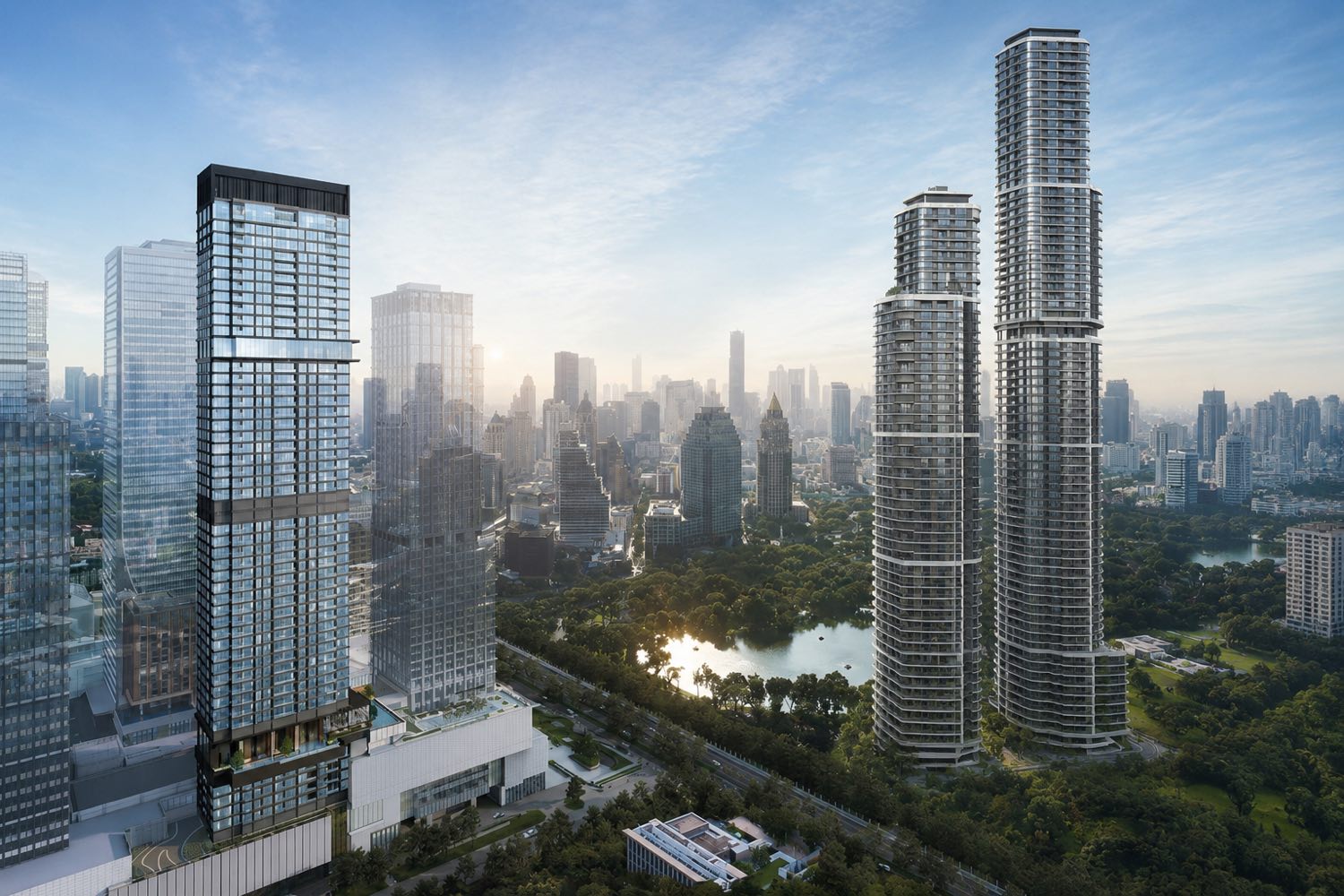 Wireless Road 上品牌住宅大樓的建築電腦效果圖,緊鄰 Lumphini Park 拔地而起,遠方是曼谷市中心天際線