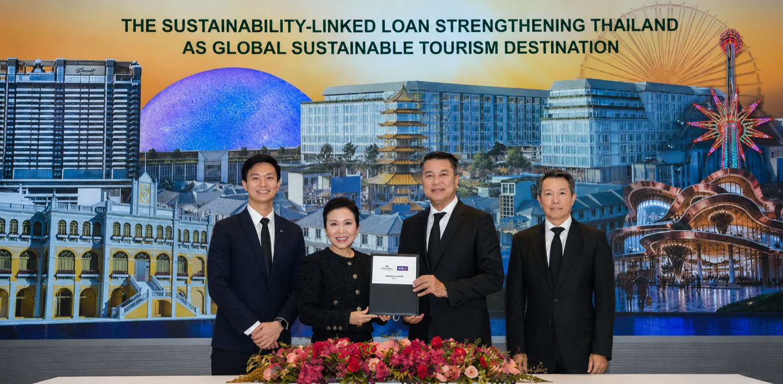 AWC and SCB executives holding the signed THB 40.5 billion sustainability-linked financing agreement on 16 July 2026, against a backdrop of AWC's development projects