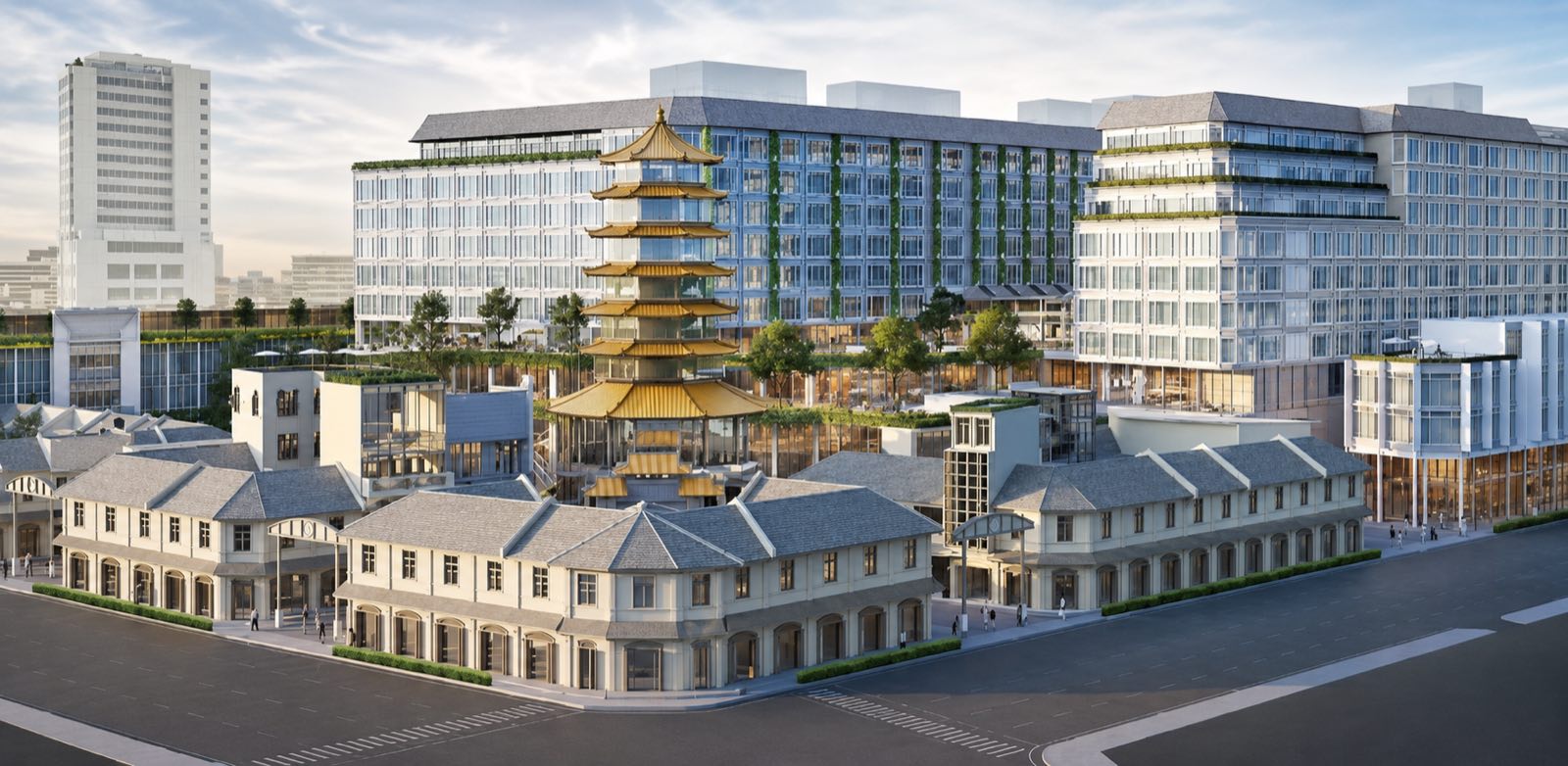 Woeng Nakornkasem Yaowaraj 的概念示意圖:AWC 於曼谷 Yaowarat 唐人街的重建項目,八層高的中式樓閣立於復修後的歷史店屋之上