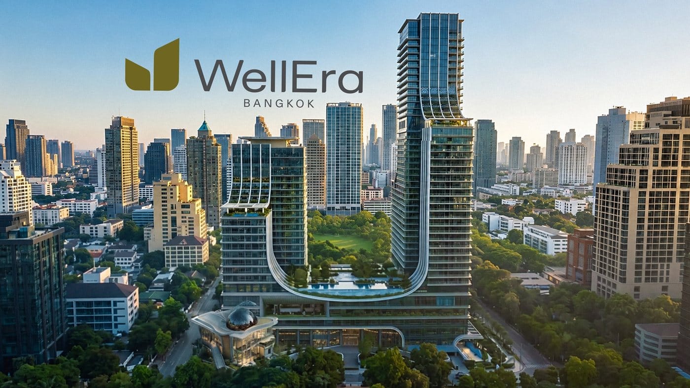 Capella Residences Bangkok 高空效果圖:項目位於 BDMS 的 WellEra 綜合建案內,住宅大樓與養生度假樓以弧形天橋及泳池平台相連,後方為 Lumphini Park 與曼谷天際線