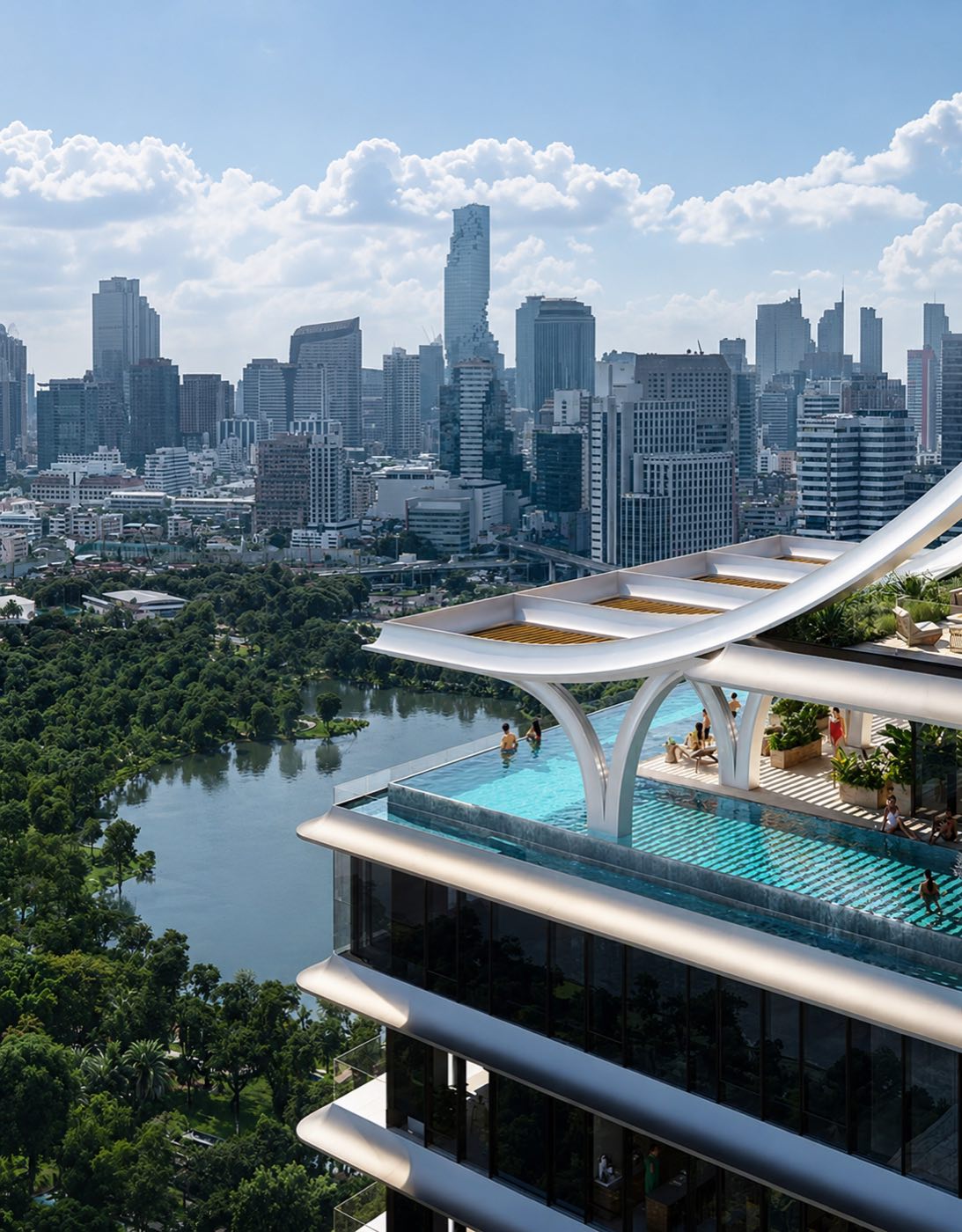 Render of Capella Residences Bangkok at BDMS's WellEra complex, the curved sky pool and shaded deck overlooking the lake and greenery of the park with the central Bangkok skyline behind