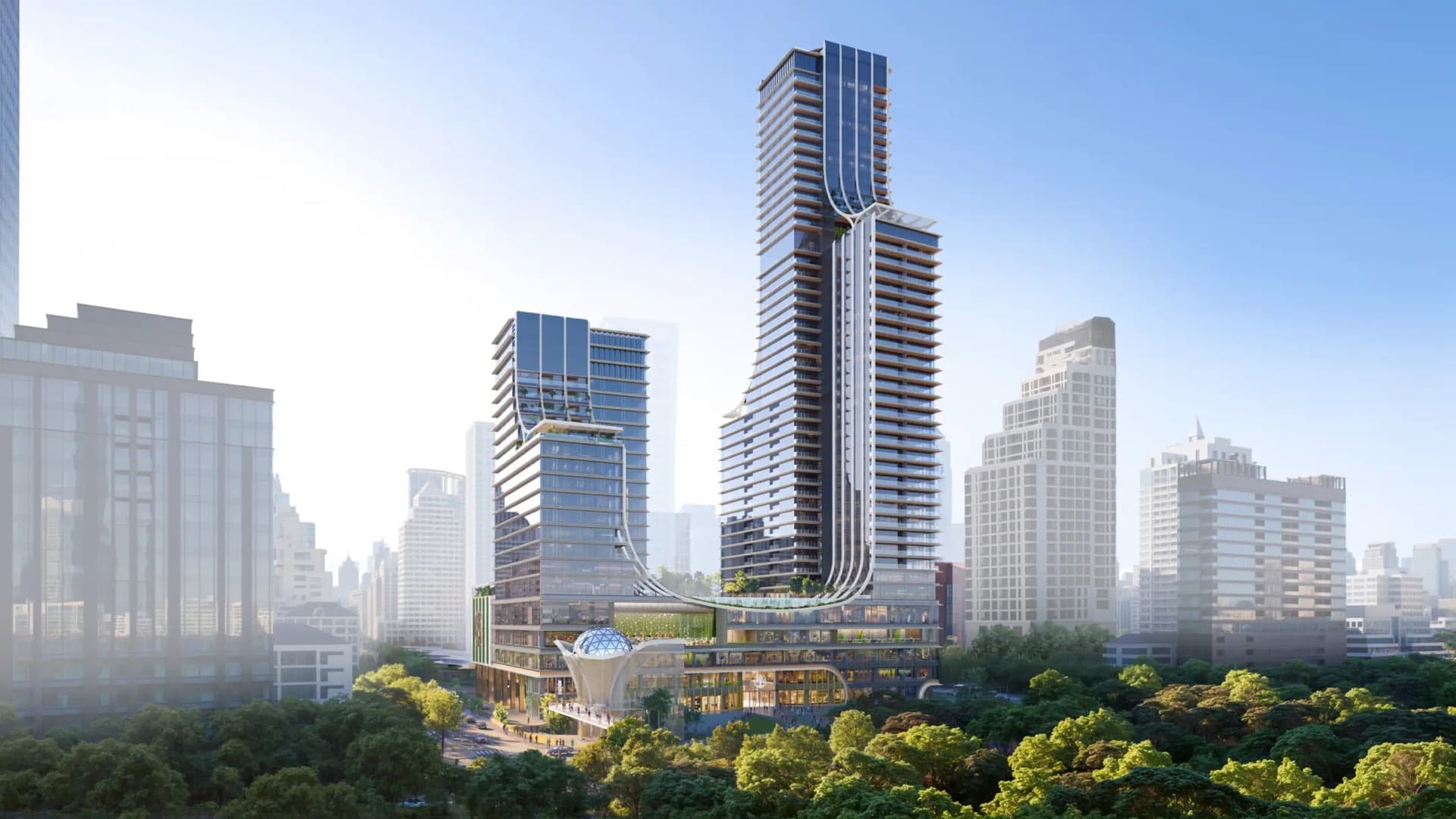 Capella Residences Bangkok 与 Urban Wellness Retreat 效果图:BDMS 的 WellEra 综合开发项目两幢大楼,从 Lumphini Park 望去,街道层设玻璃穹顶裙楼,由 KPF 设计