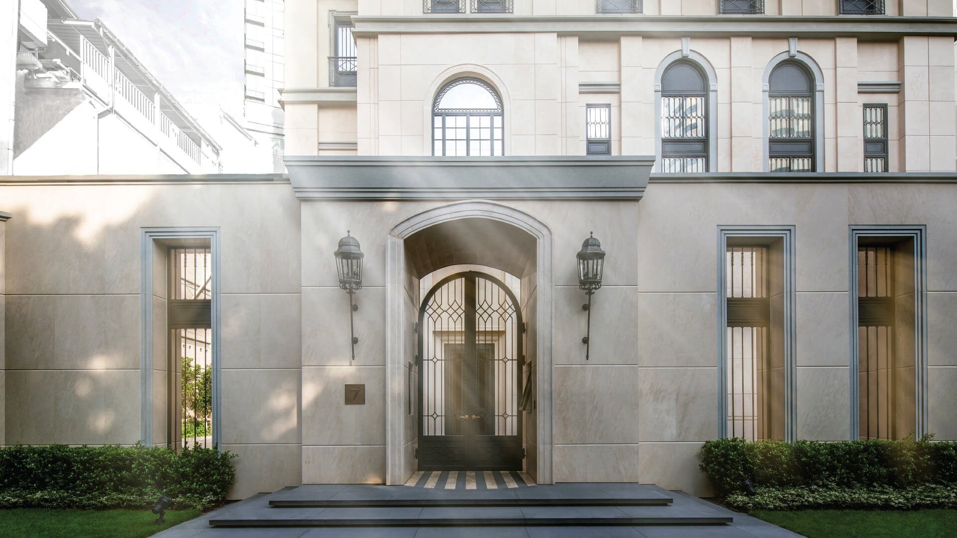 The Diplomat 39: the arched stone entrance facade at street level