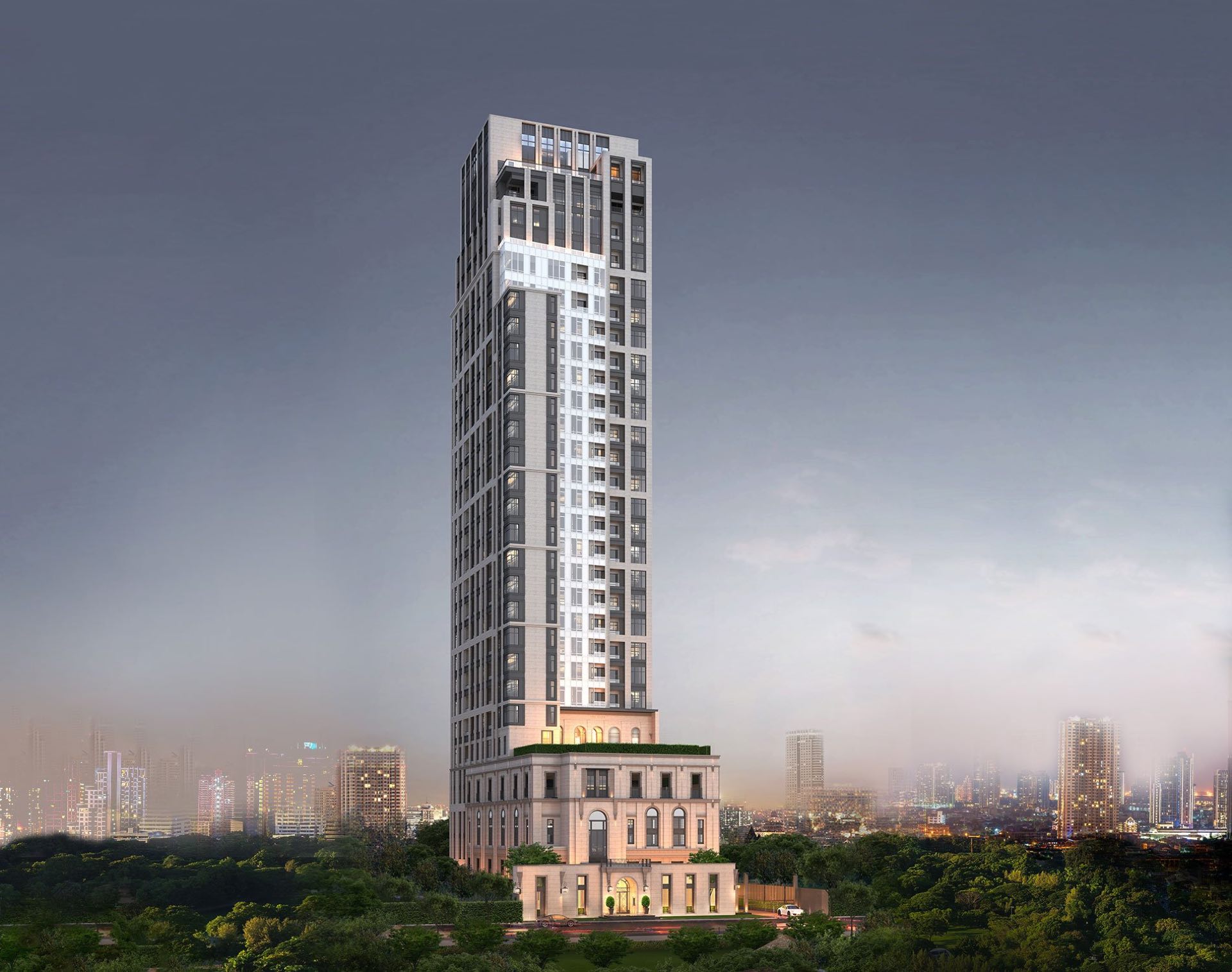 The Diplomat 39: the tower at dusk above the central Bangkok skyline