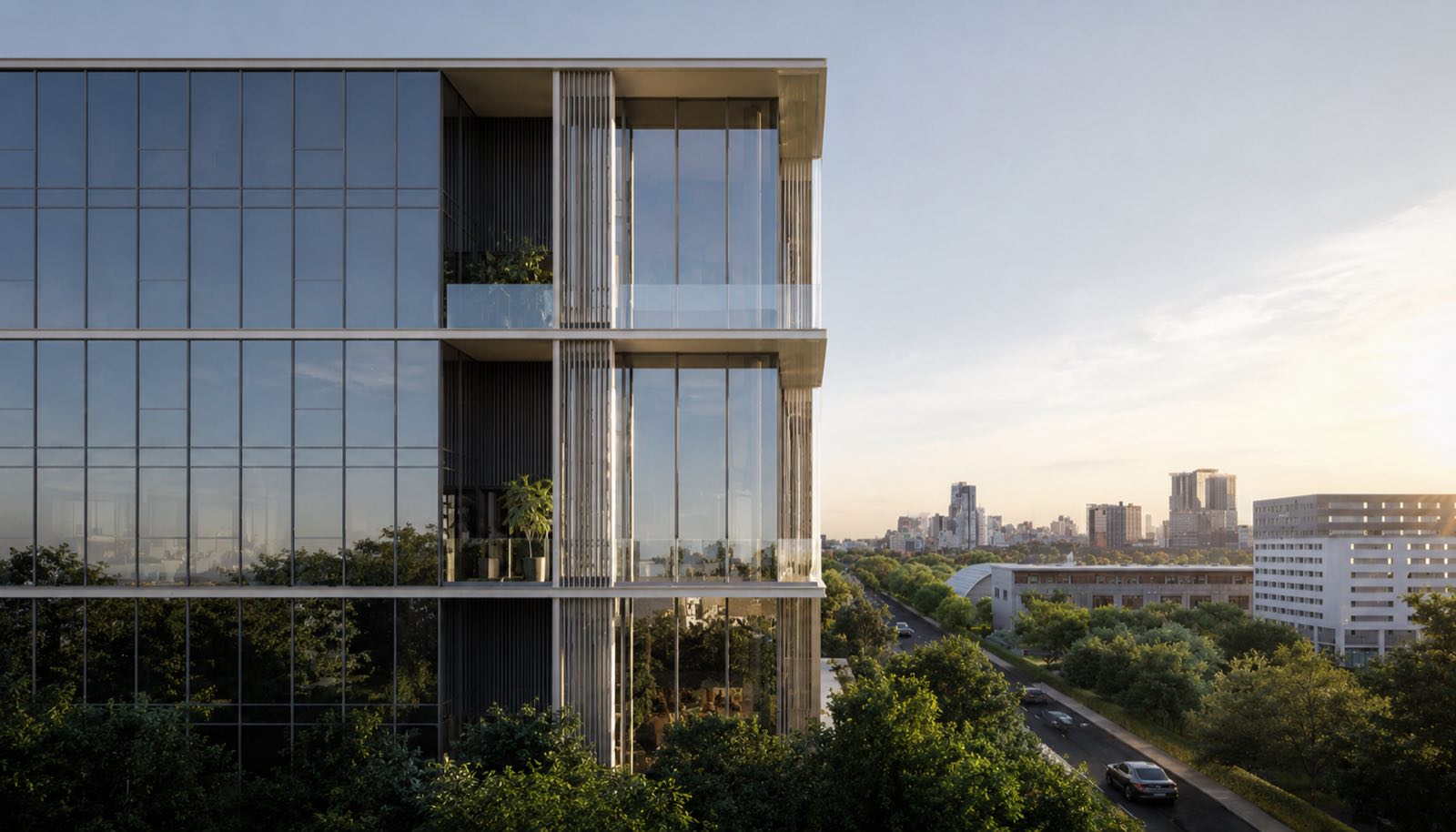 Render of Eden Ekkamai: the glass-and-timber facade with planted balconies, above the treeline at sunset