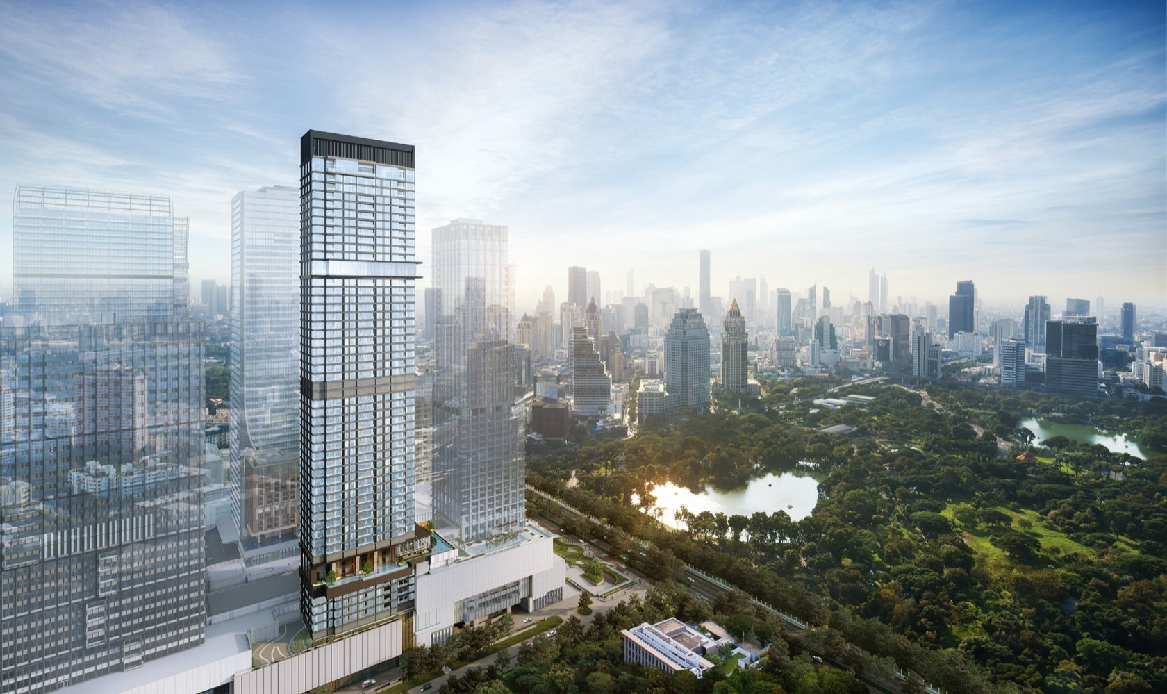 The EI8HTEEN SEVEN tower at One Bangkok, rising on Wireless Road beside Lumphini Park in central Bangkok