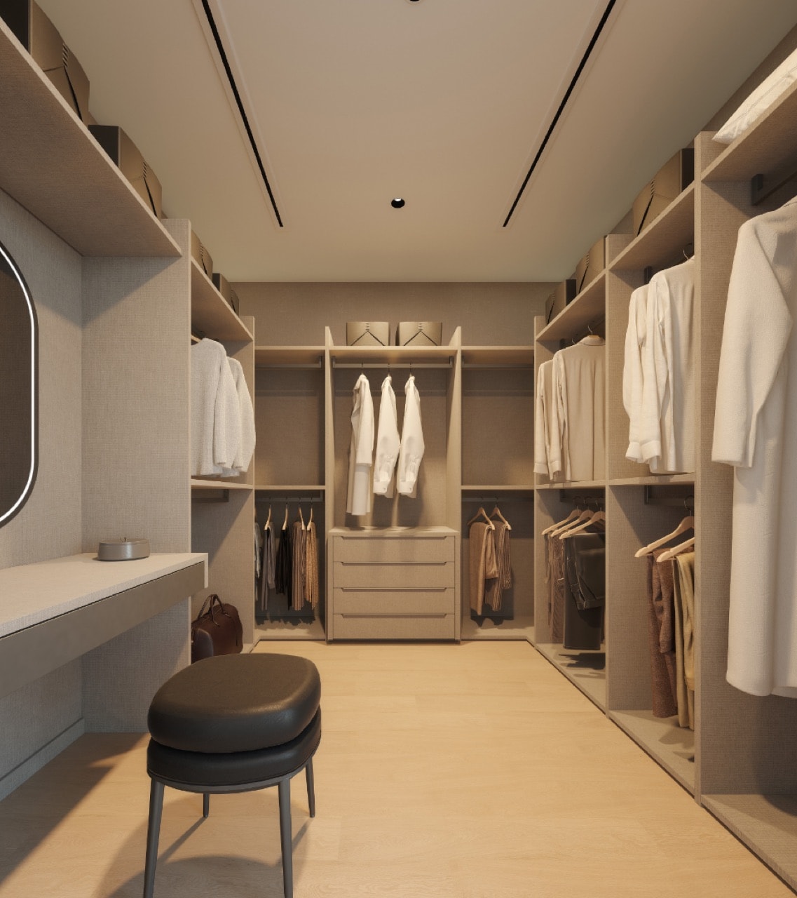 ห้องแต่งตัวแบบวอล์กอินในยูนิตของ EI8HTEEN SEVEN พร้อมระบบตู้เสื้อผ้า B&B Italia Backstage ออกแบบโดย Antonio Citterio