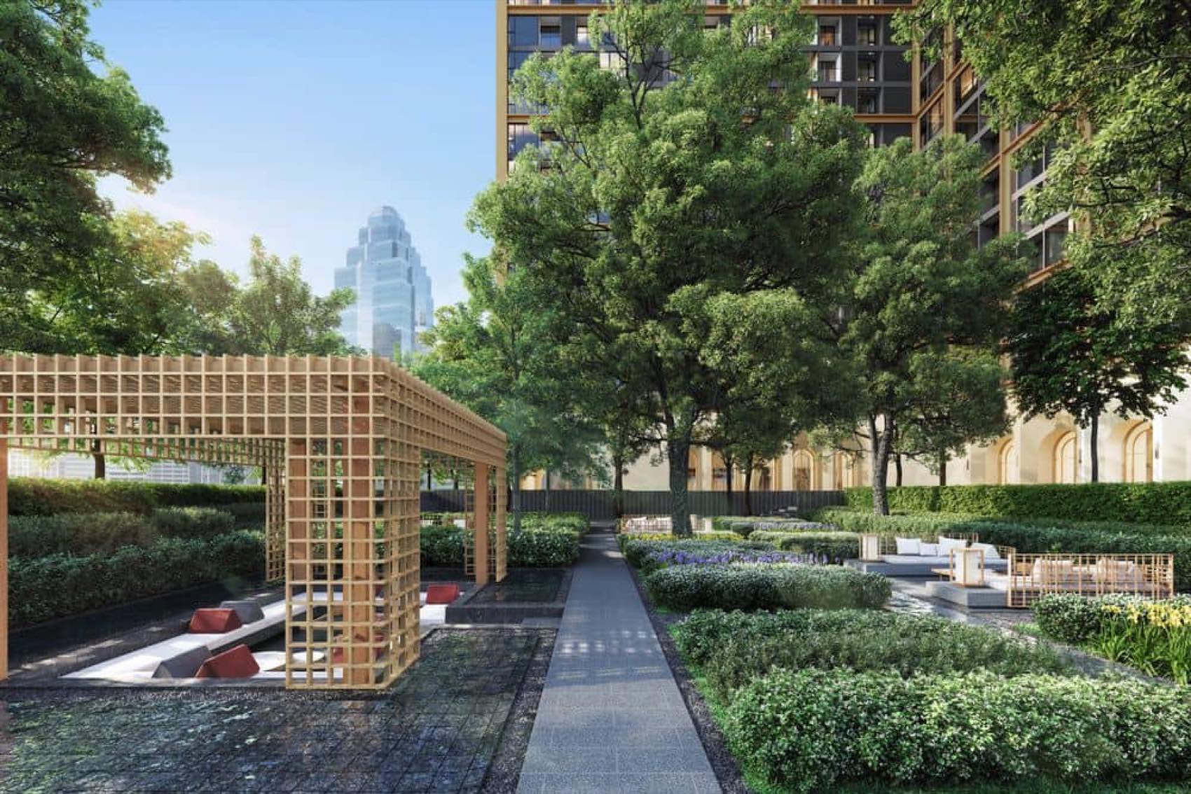 A landscaped residents’ garden at The Embassy Wireless, Wireless Road, Bangkok
