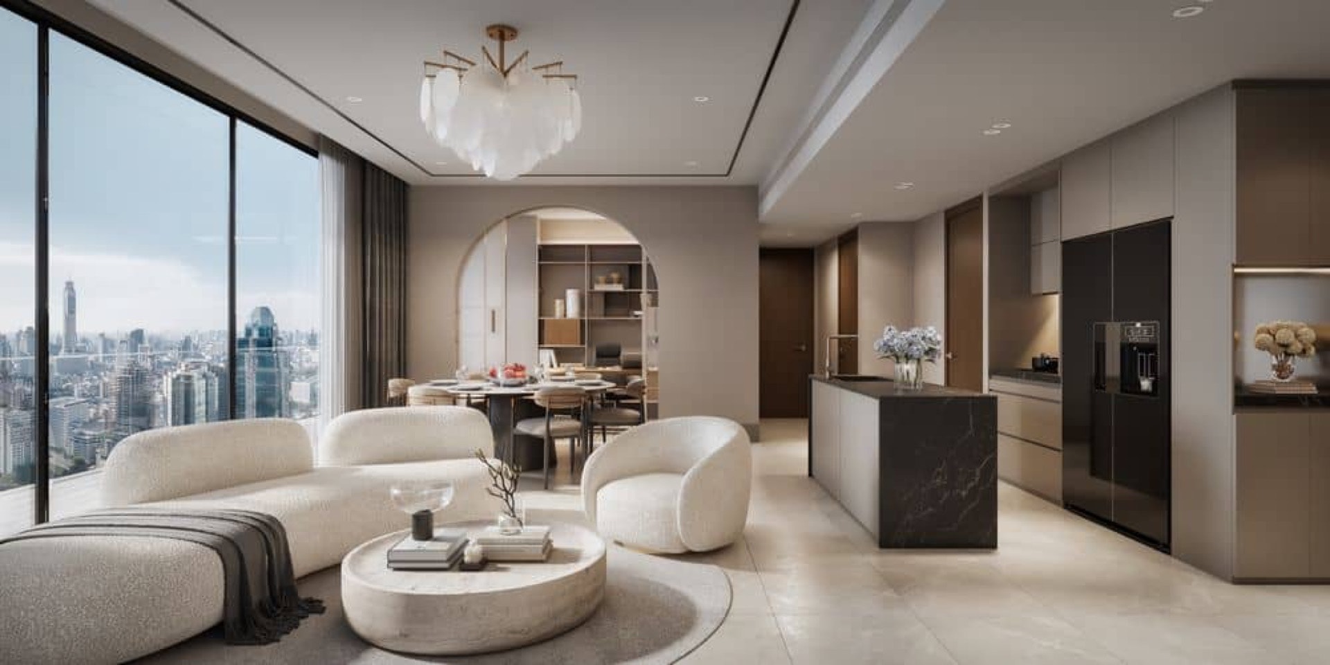 Living and dining room in an Embassy Wireless residence on Wireless Road, Bangkok