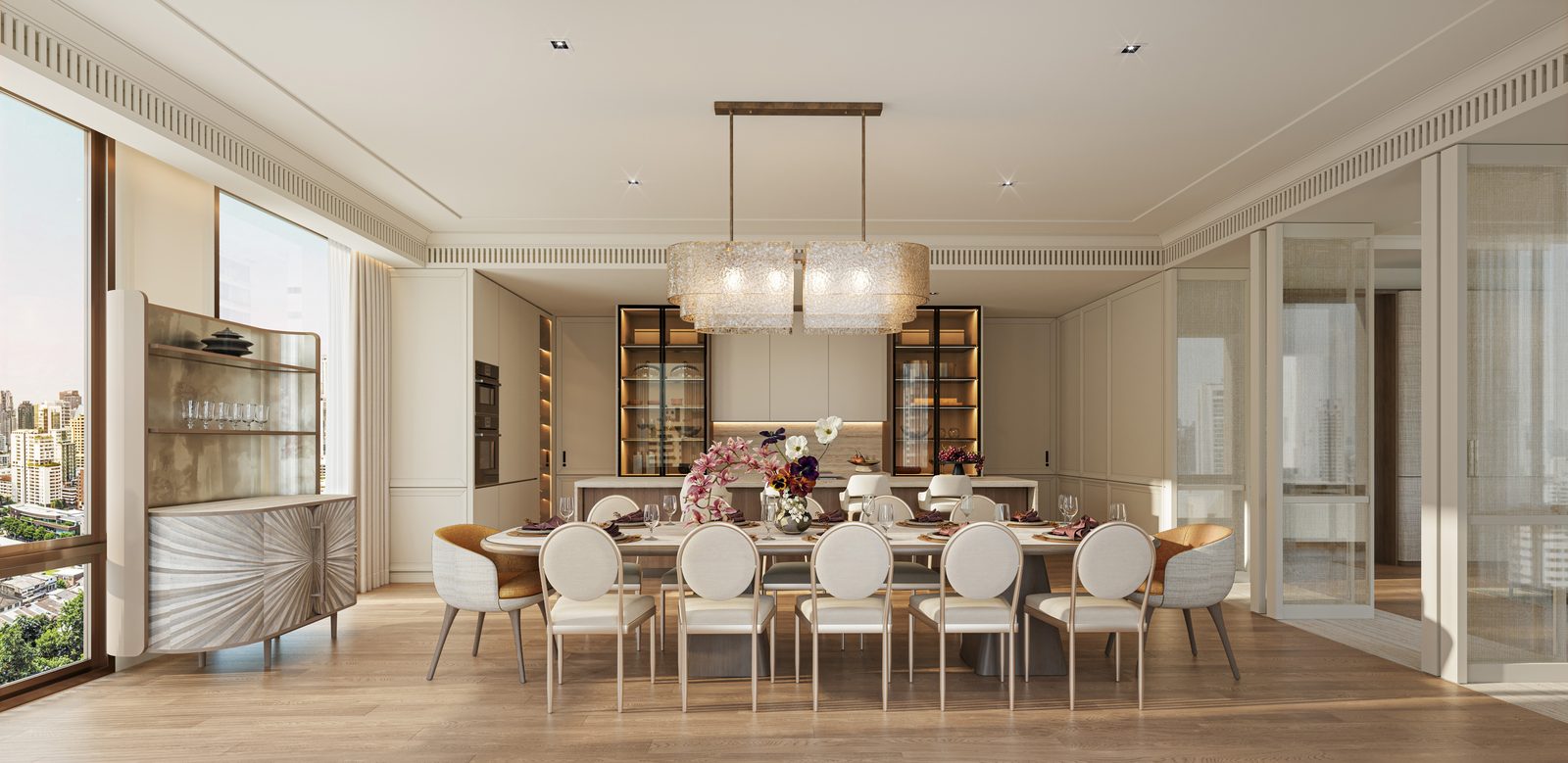 The dining room, with ten round-backed chairs at a long table beneath a linear crystal chandelier and glazed doors to the balcony, a visualisation of the penthouse interiors at InterContinental Residences Bangkok Asoke, Sukhumvit 16, Bangkok