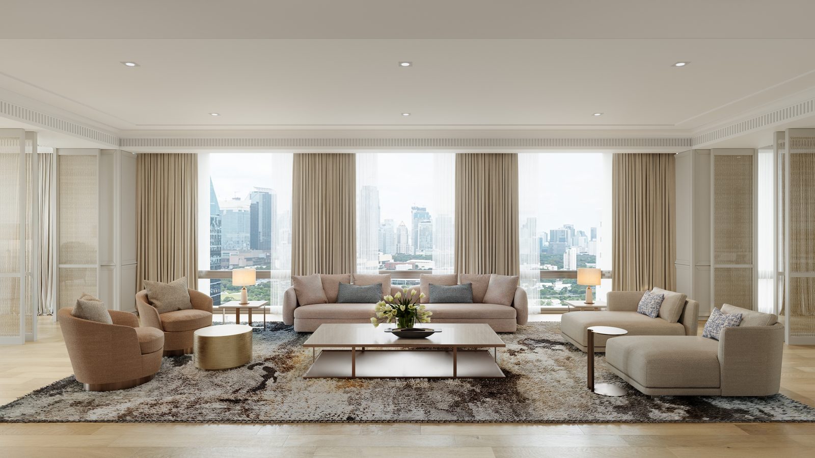 The living room, with pale sofas and swivel chairs around a low stone table and three bays of full-height glazing onto the Bangkok skyline, a visualisation of the penthouse interiors at InterContinental Residences Bangkok Asoke, Sukhumvit 16, Bangkok