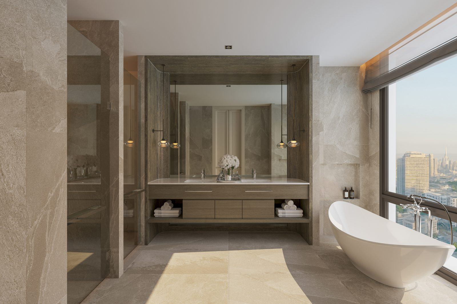 The principal bathroom, with a stone twin vanity under a mirrored wall, a glazed walk-in shower and a freestanding bath at the window, a visualisation of the penthouse interiors at InterContinental Residences Bangkok Asoke, Sukhumvit 16, Bangkok