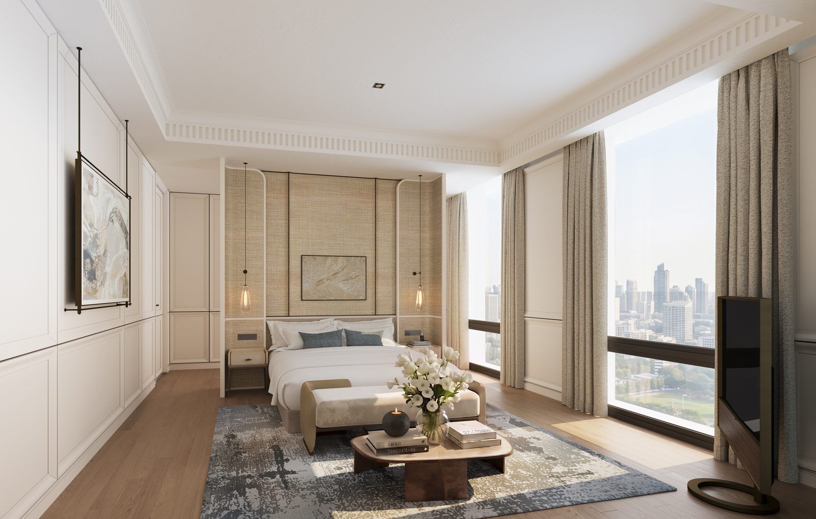 The principal bedroom, with a panelled headboard wall, a bench at the foot of the bed and full-height glazing onto the skyline, a visualisation of the penthouse interiors at InterContinental Residences Bangkok Asoke, Sukhumvit 16, Bangkok