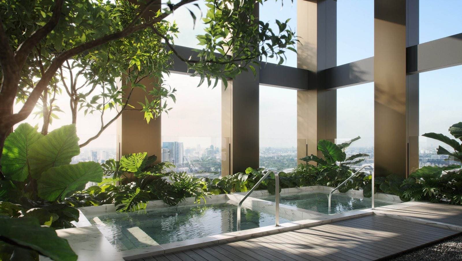 InterContinental Residences Bangkok Asoke 的冷熱浸池:木露台上的石邊浸池,四周種有高樹,落地玻璃於斜陽下敞向曼谷天際線(效果圖)