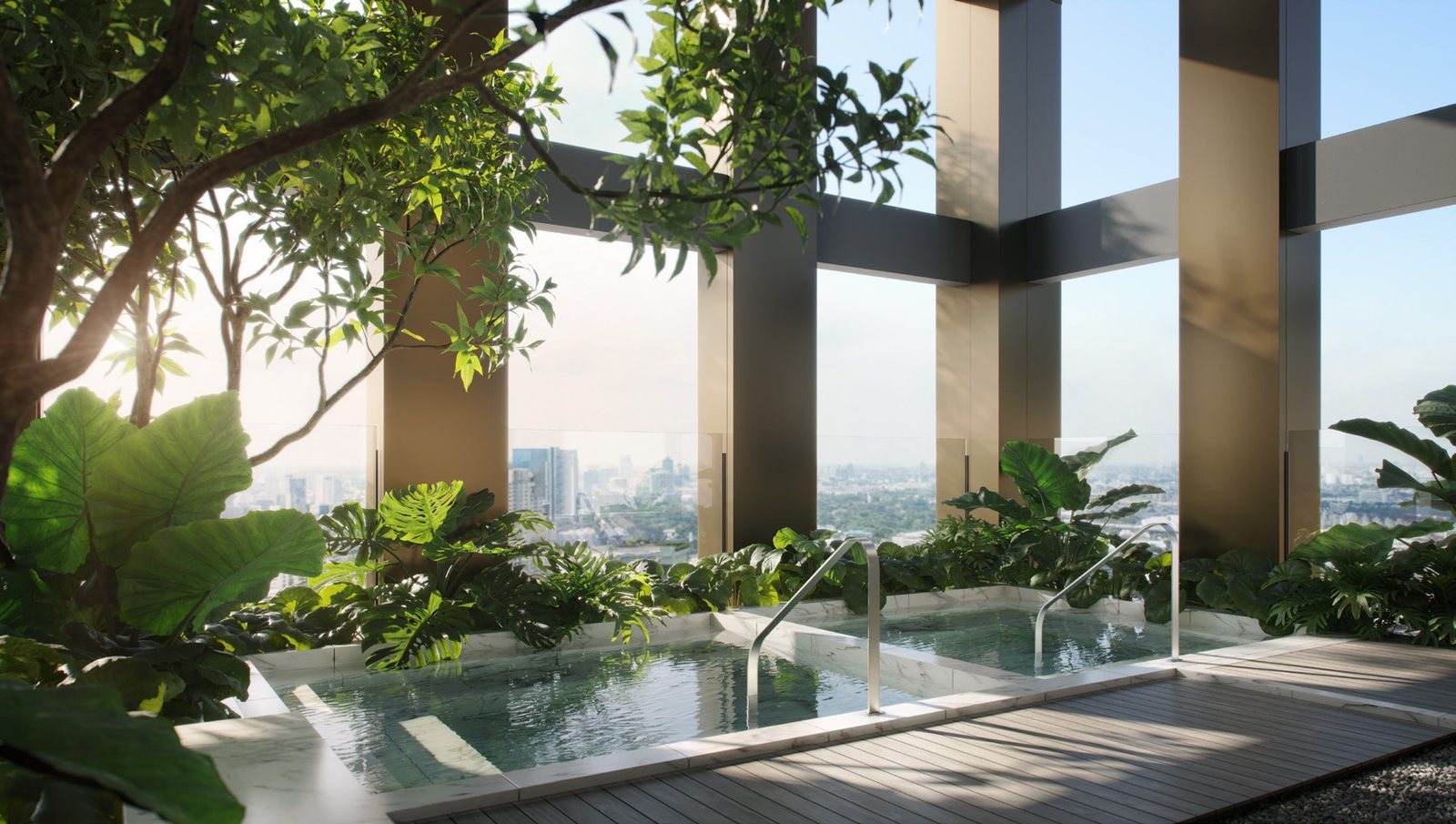 The hot and cold plunge pools at InterContinental Residences Bangkok Asoke: stone-edged pools on a timber terrace, framed by tall planting and full-height glazing open to the Bangkok skyline at low sun, an artist's impression